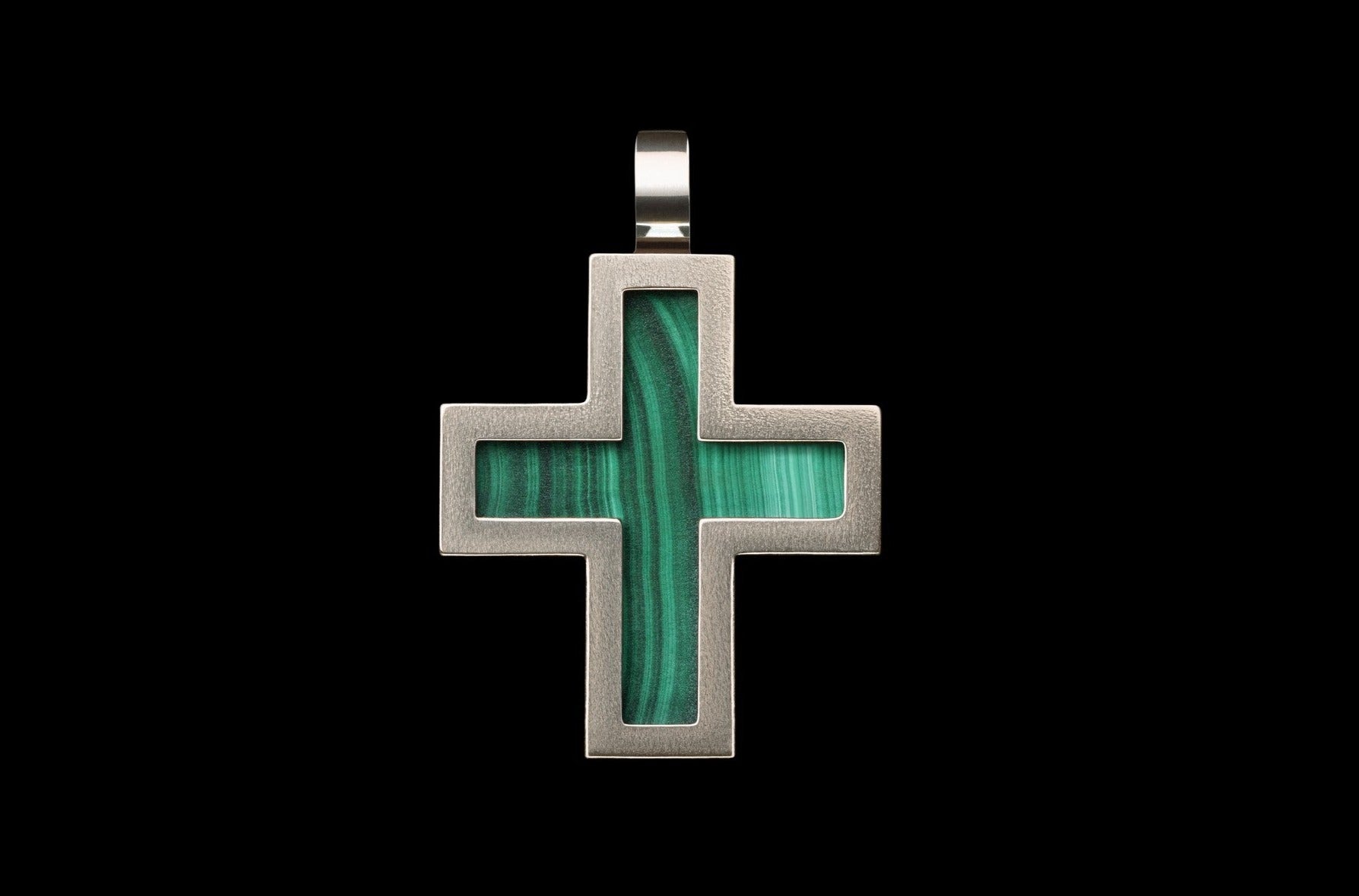 handmade silver cross with malachite gemstone