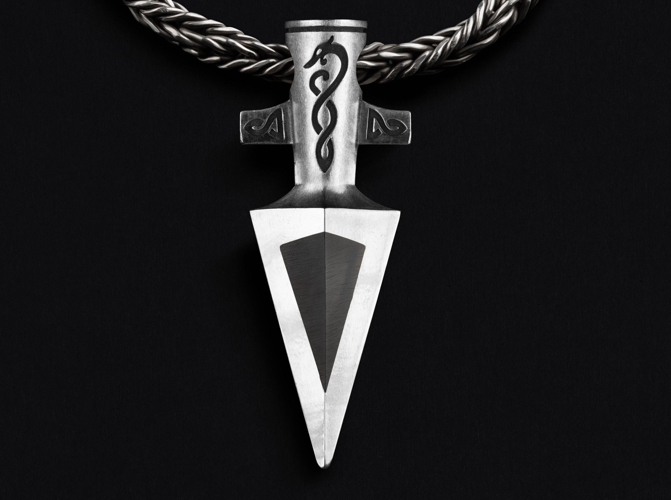 Obsidian and silver Gungnir pendant