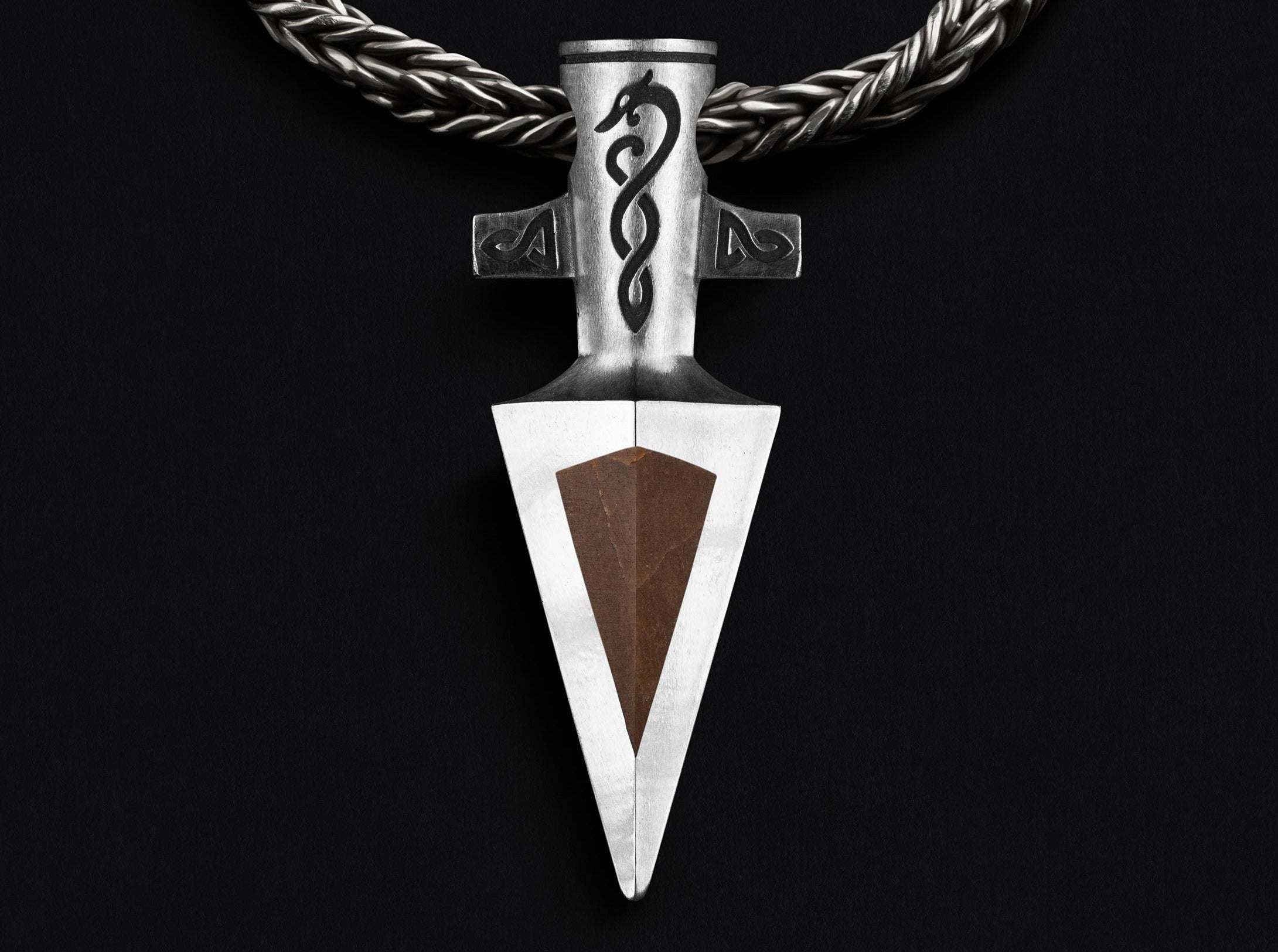 Silver Gungnir pendant with petrified wood