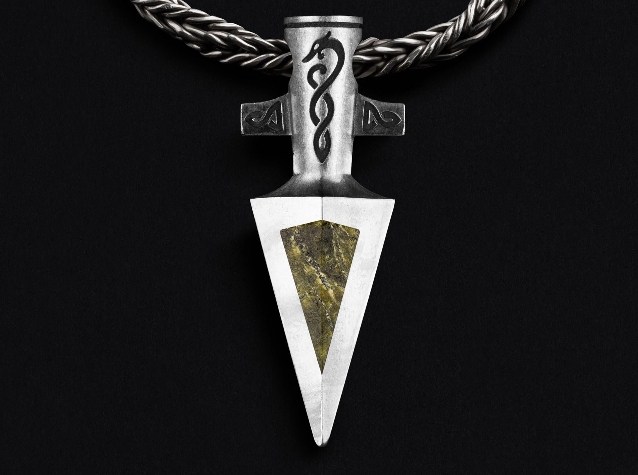 Silver Spear of Odin with green serpentine stone