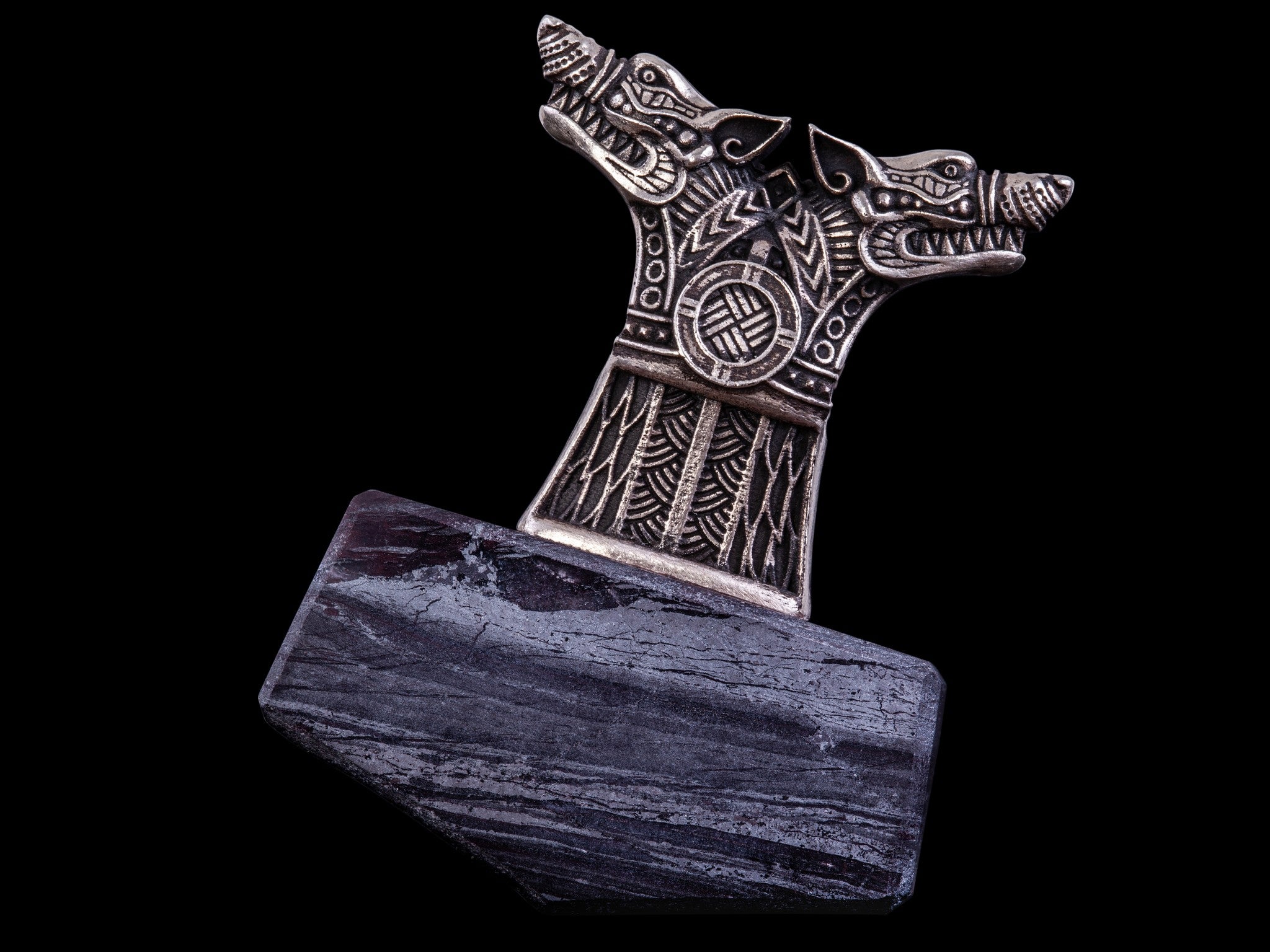 silver and hematite stone wolf pandant