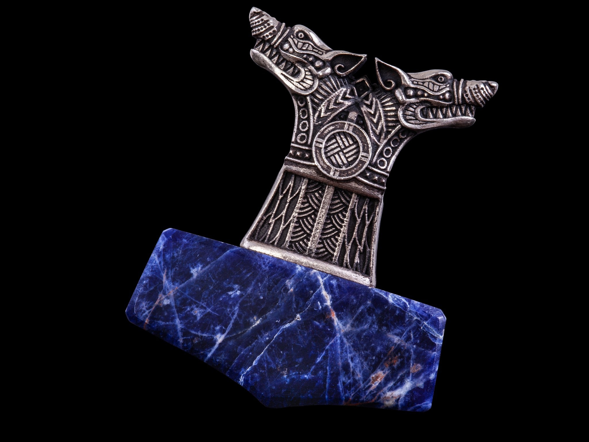 silver and blue sodalite wolf thor's hammer
