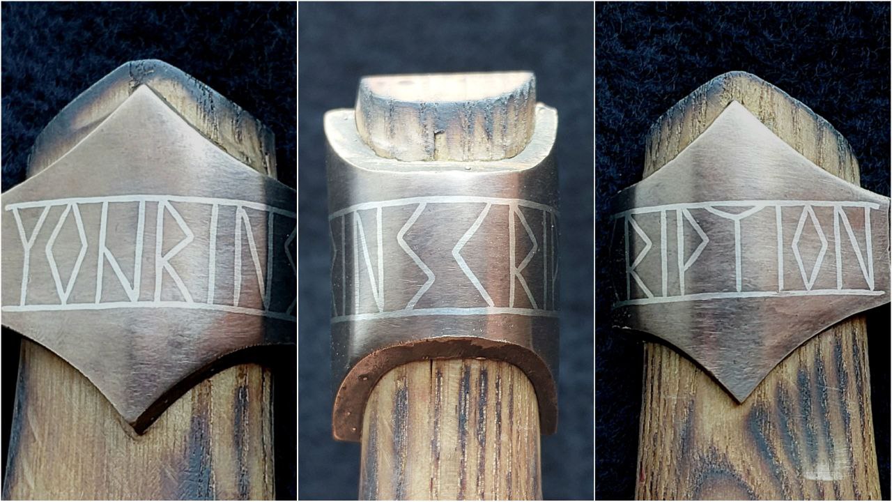 Three views of a metal stamp with engraved text on a wooden handle.