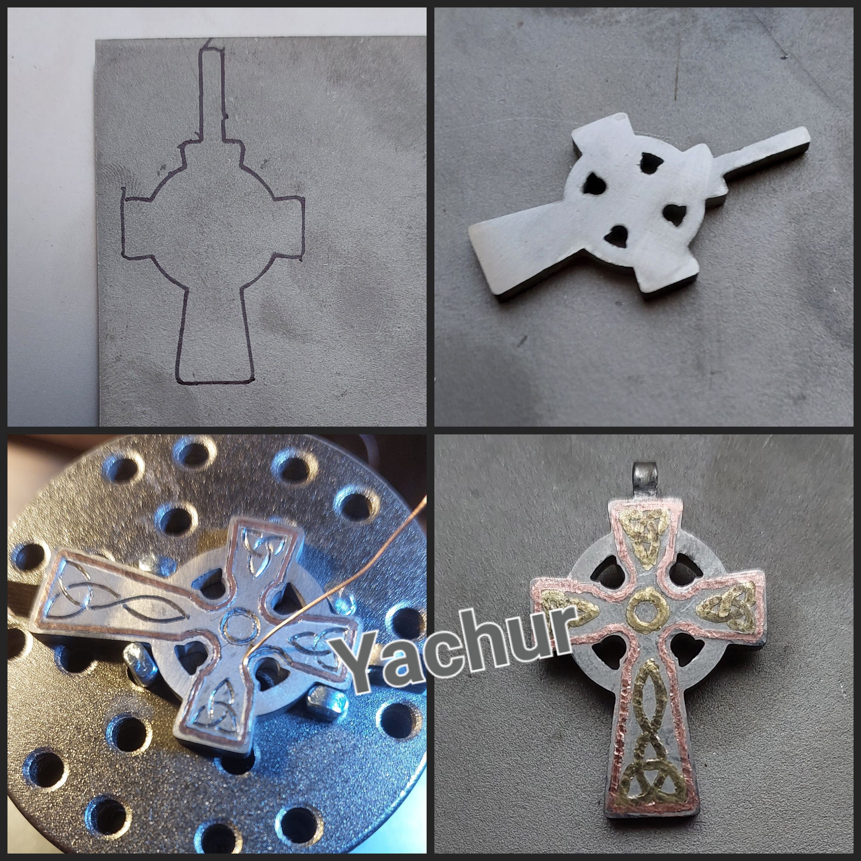 Titanium Celtic cross with metal inlay. Cross pendant for men. Unique gifts. Inlaid arts crafts