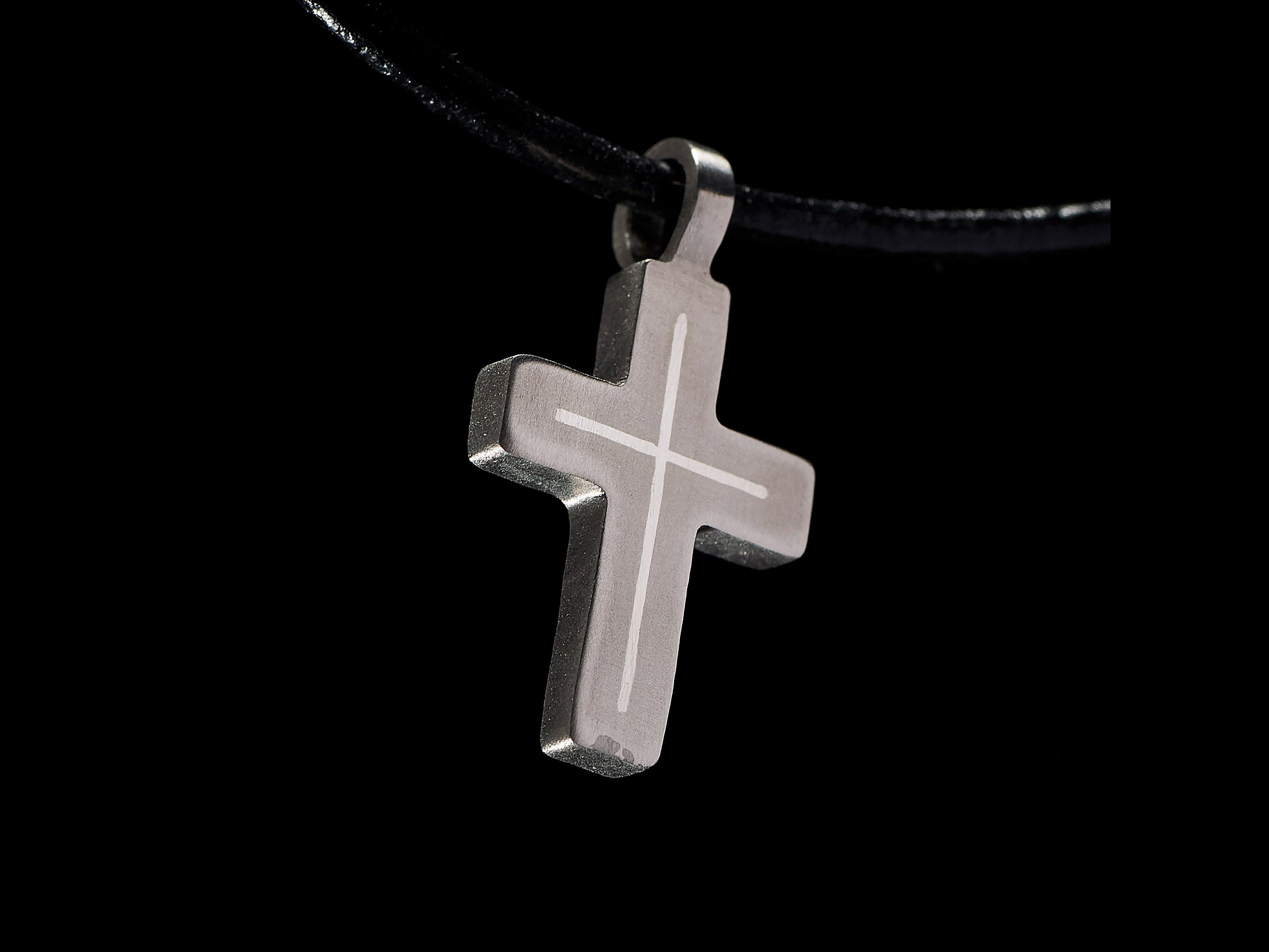 Minimalist titanium cross necklace with brass inlay. Small cross pendant. Religious jewelry
