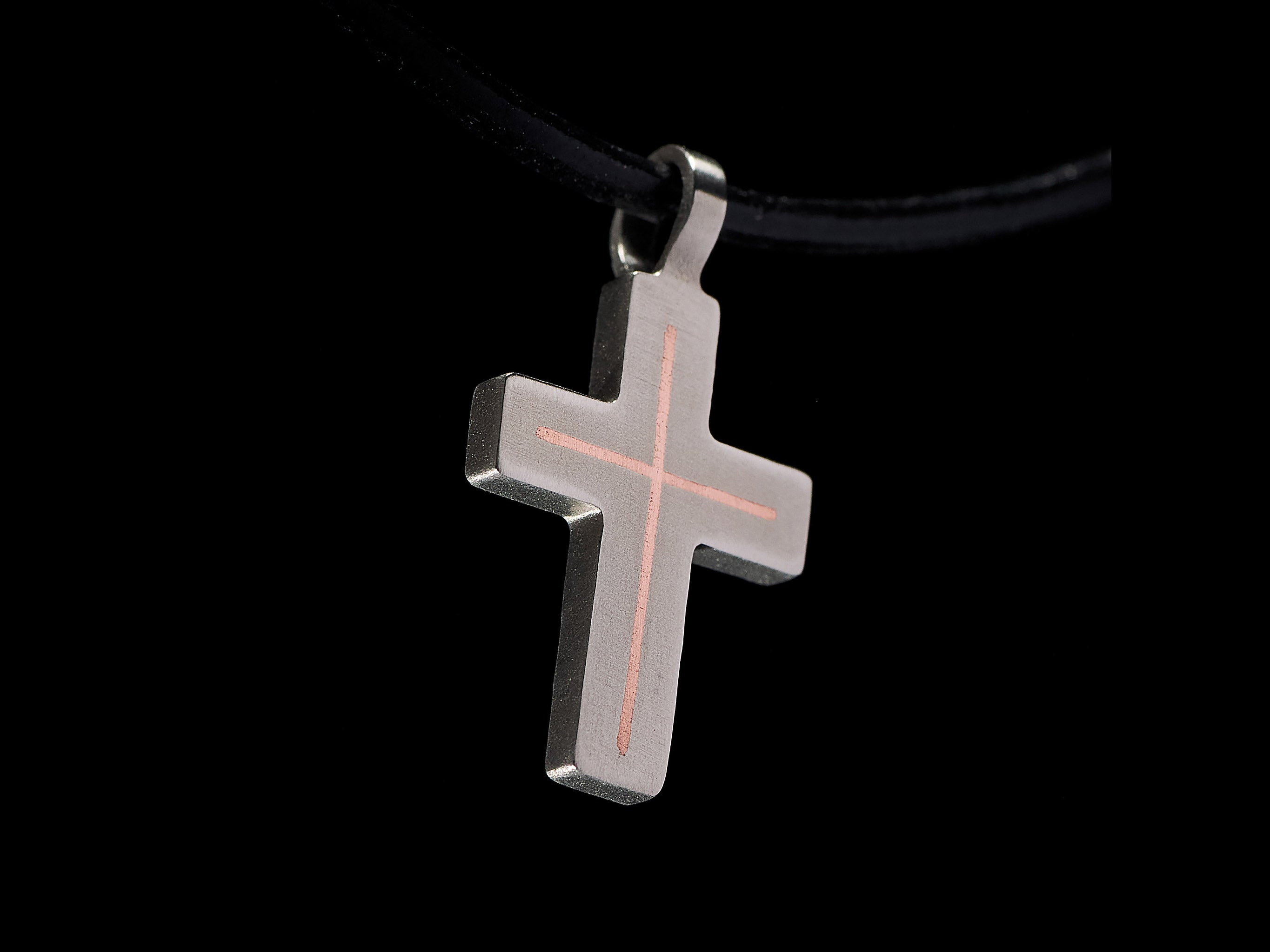 Minimalist titanium cross necklace with brass inlay. Small cross pendant. Religious jewelry