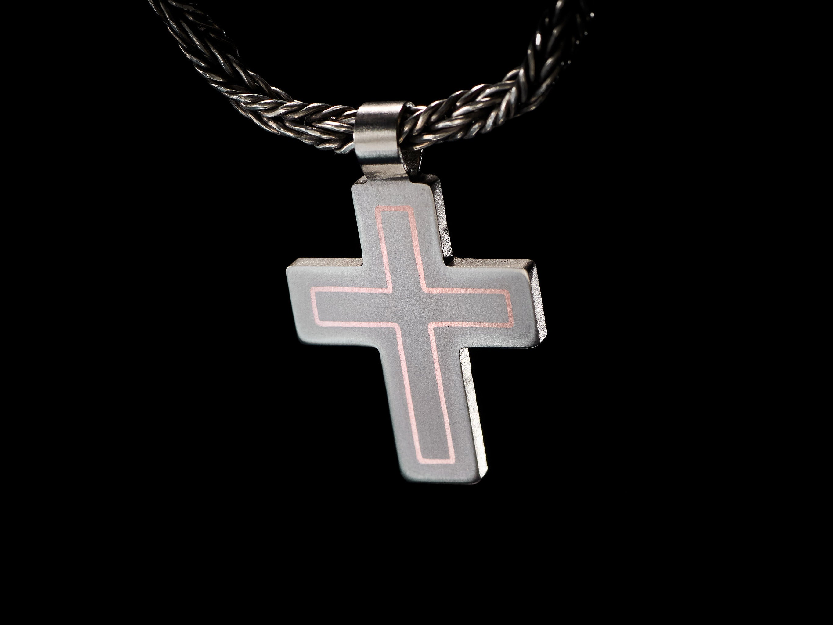 Modern titanium cross pendant with brass inlay. Minimalist cross necklace