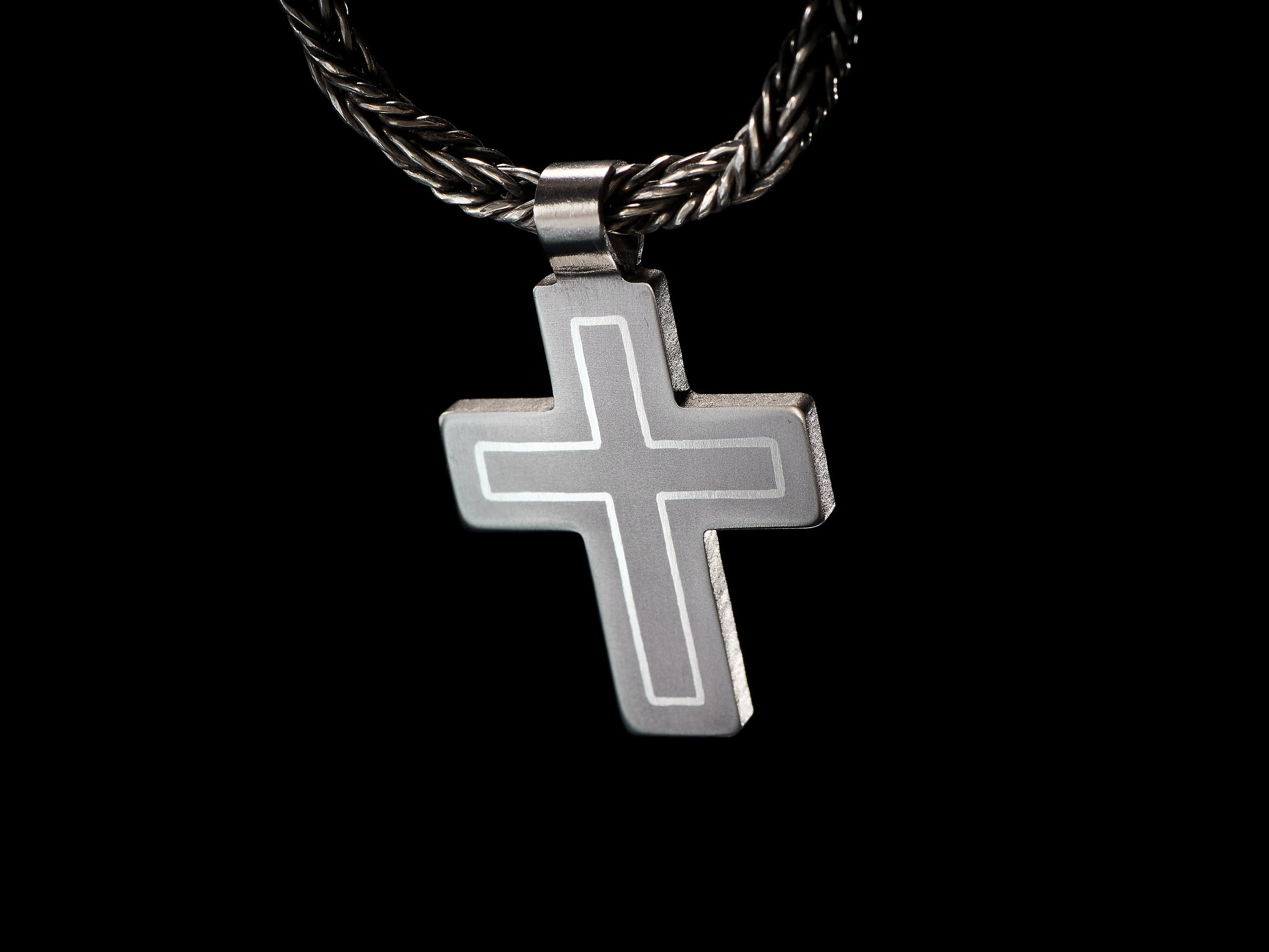 Modern titanium cross pendant with brass inlay. Minimalist cross necklace