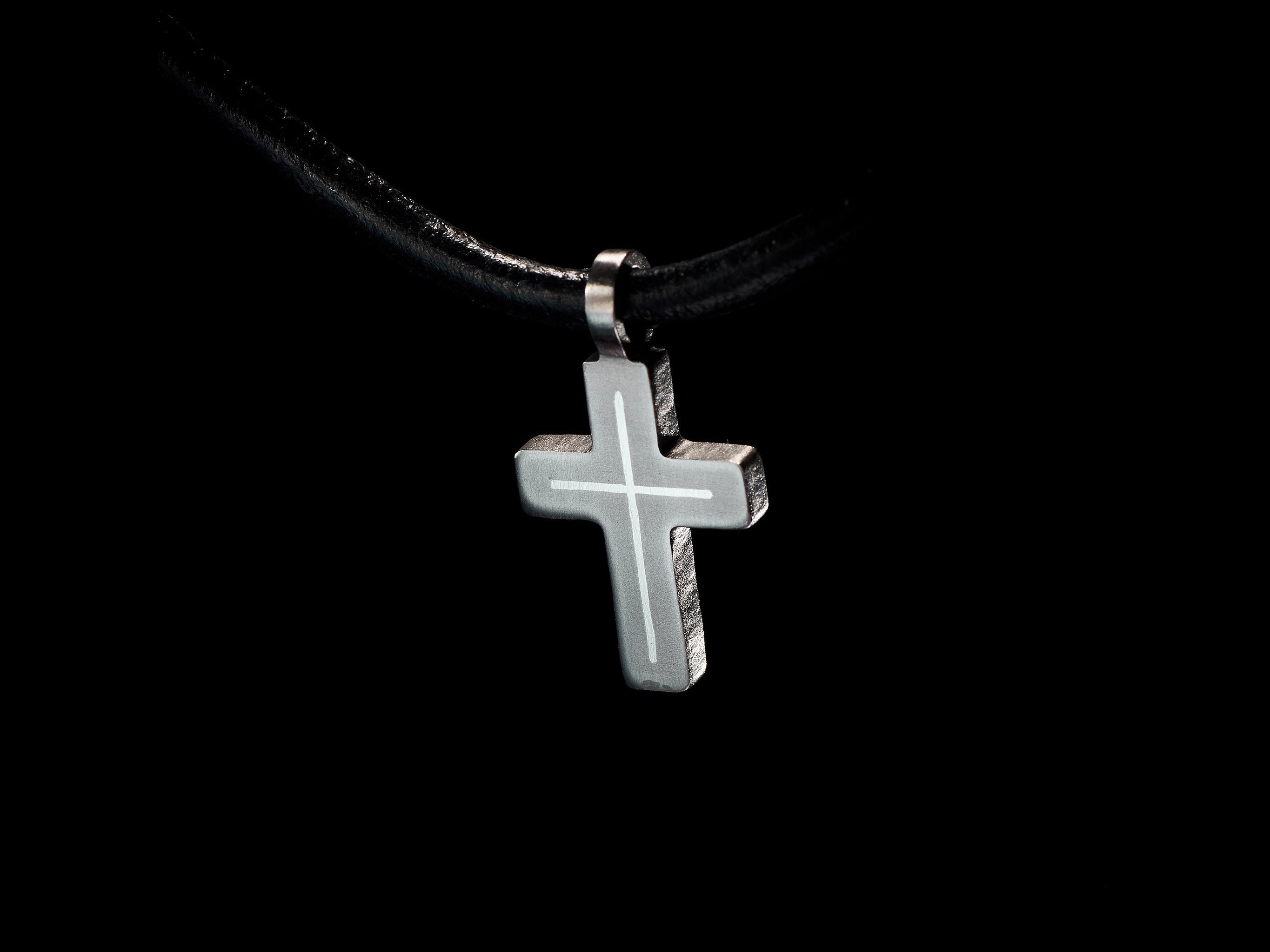 Minimalist titanium cross necklace with brass inlay. Small cross pendant. Religious jewelry