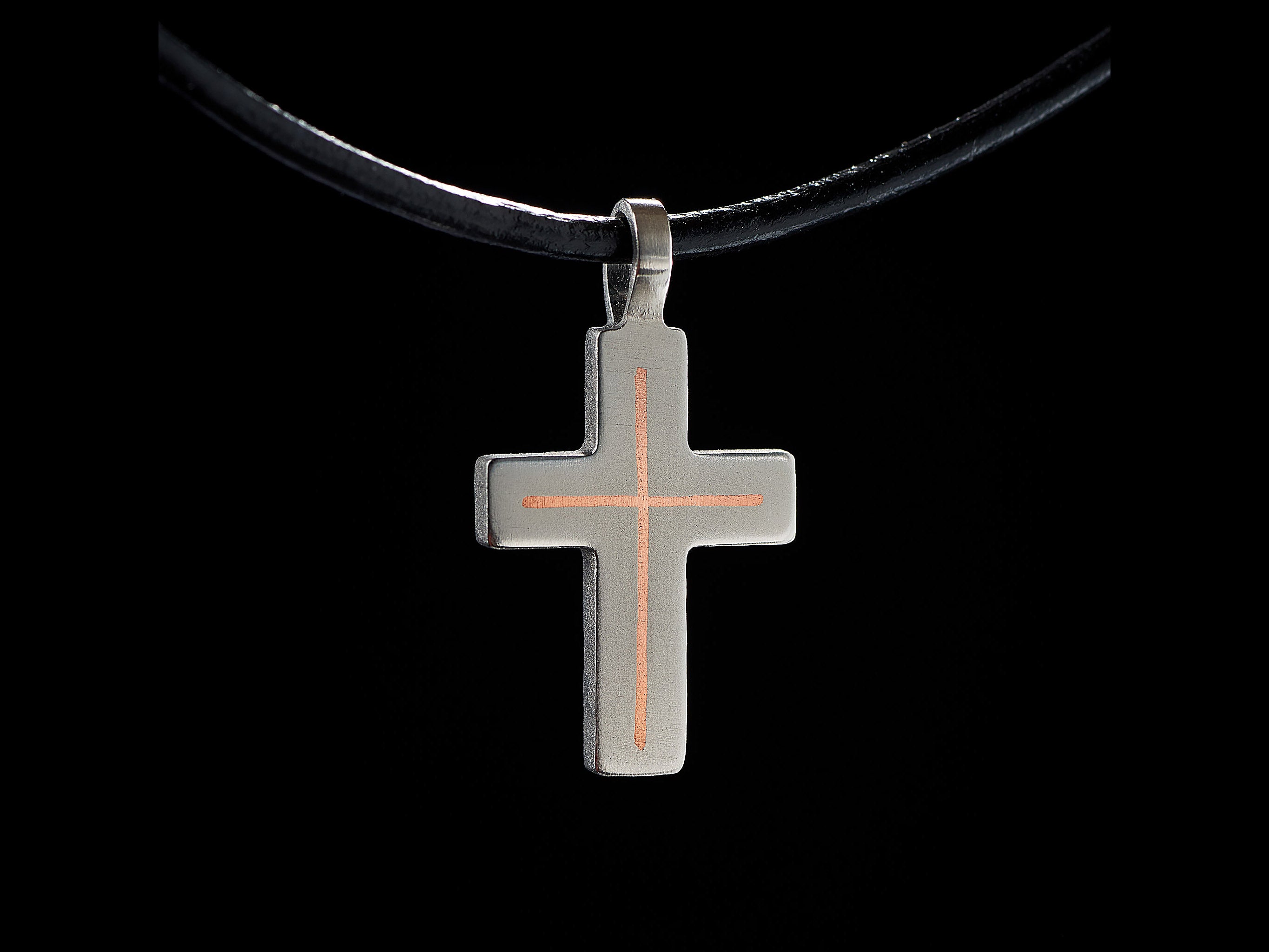 Minimalist titanium cross necklace with brass inlay. Small cross pendant. Religious jewelry