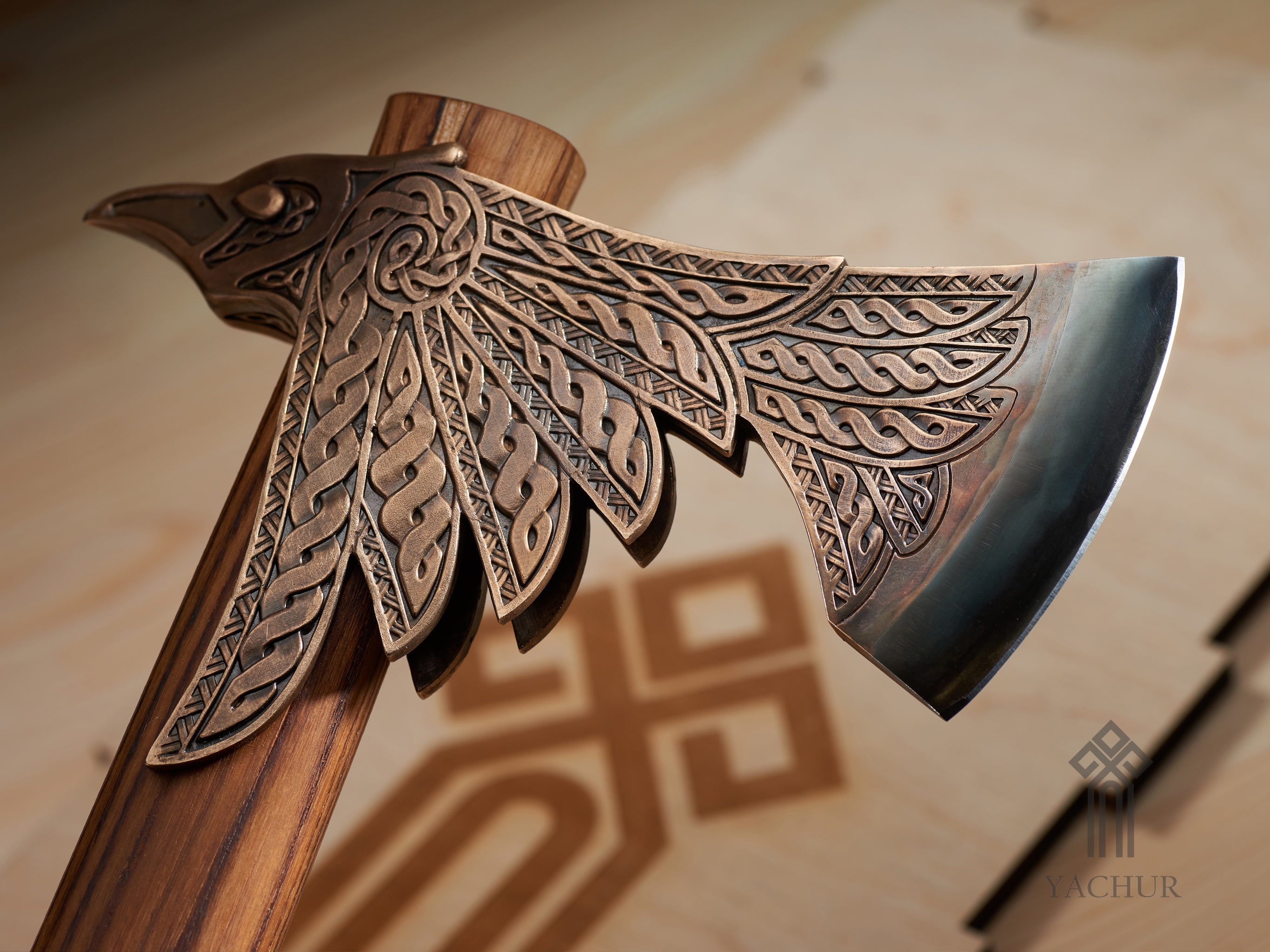 Premium Viking-Style Battle Axe with Ornate Raven Design. Fully Sharpened. Bi-Metallic - Bronze & Steel