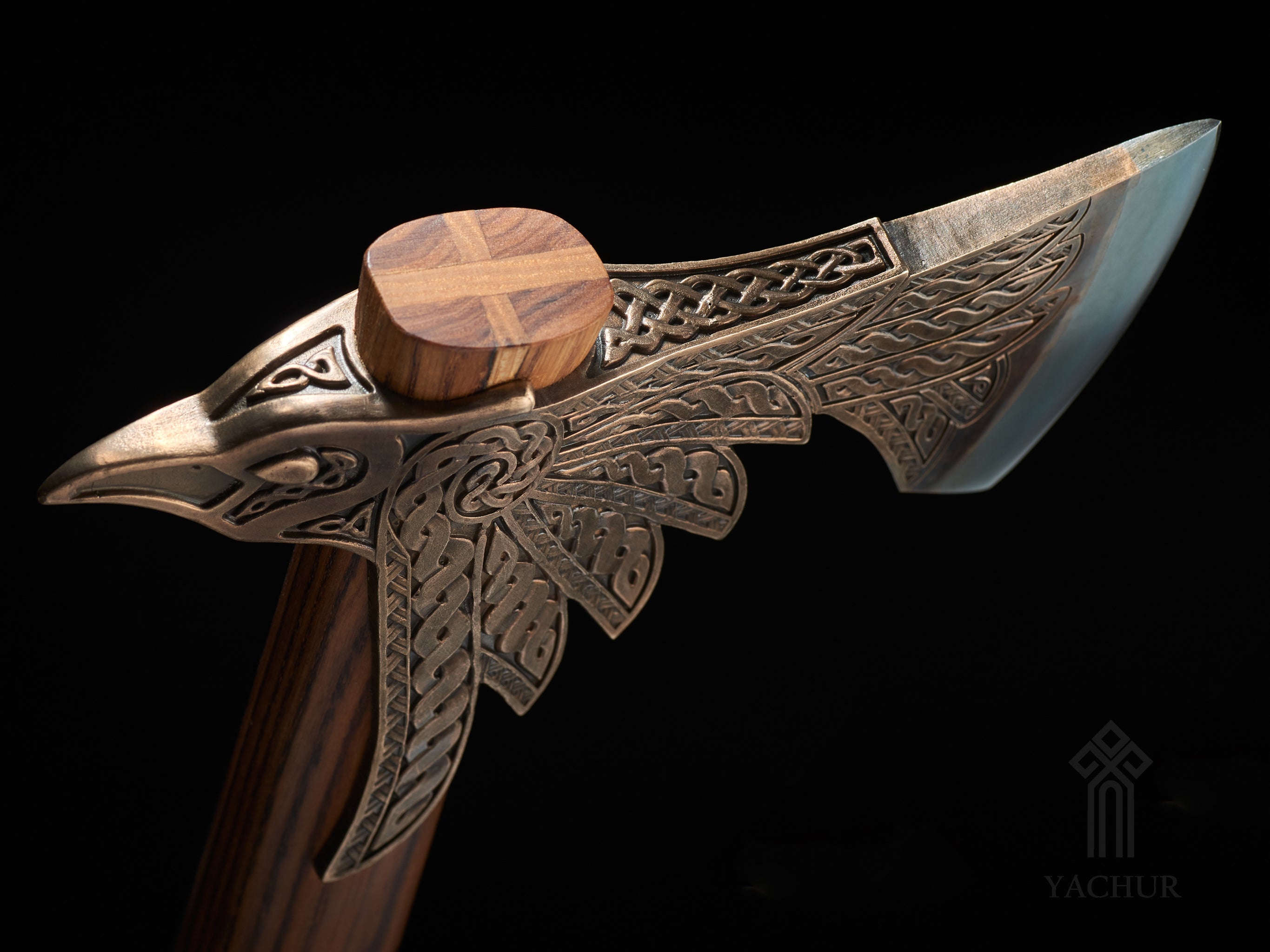 Premium Viking-Style Battle Axe with Ornate Raven Design. Fully Sharpened. Bi-Metallic - Bronze & Steel