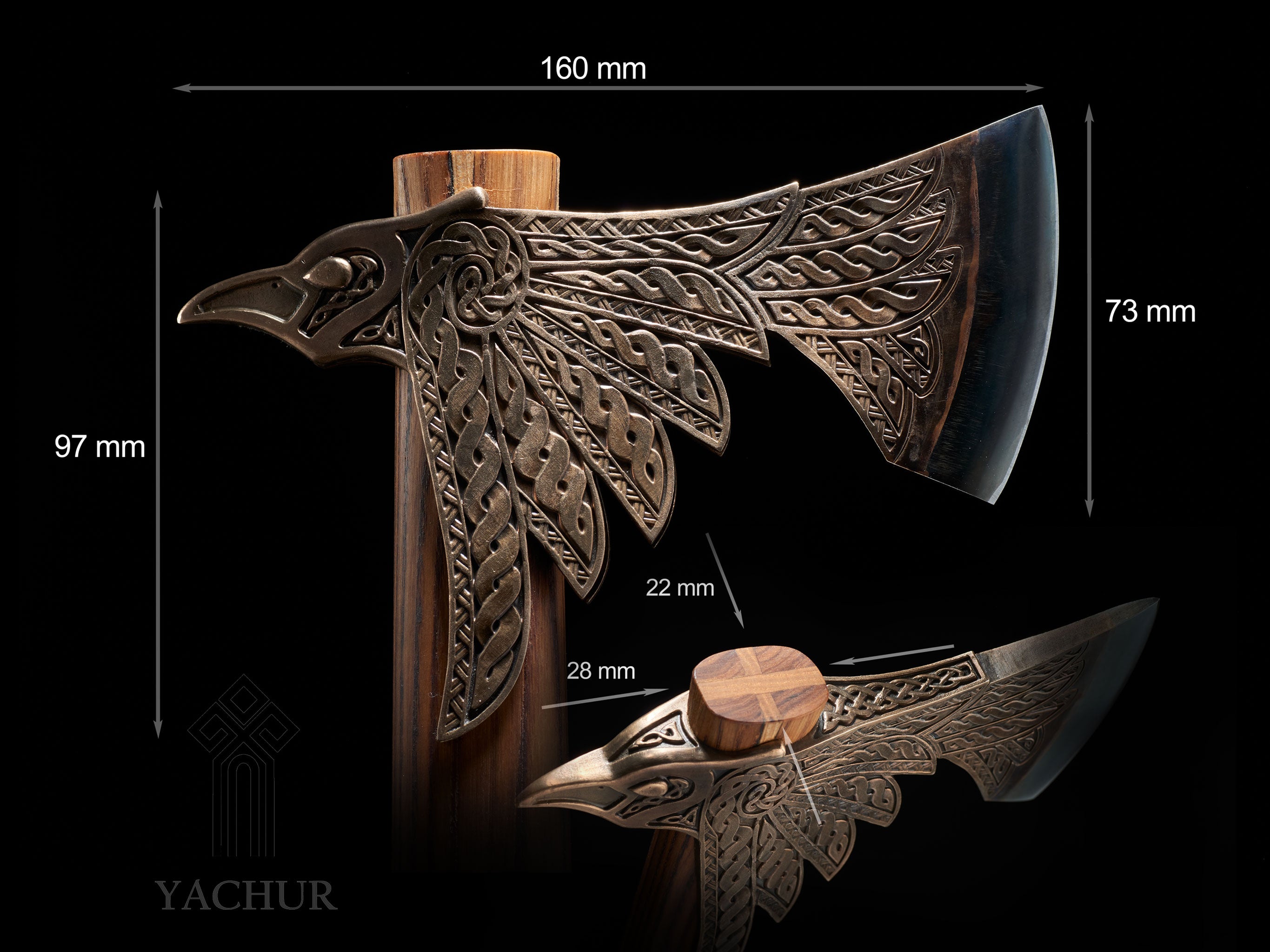 Close view of beryllium bronze structure on premium collectible Viking axe