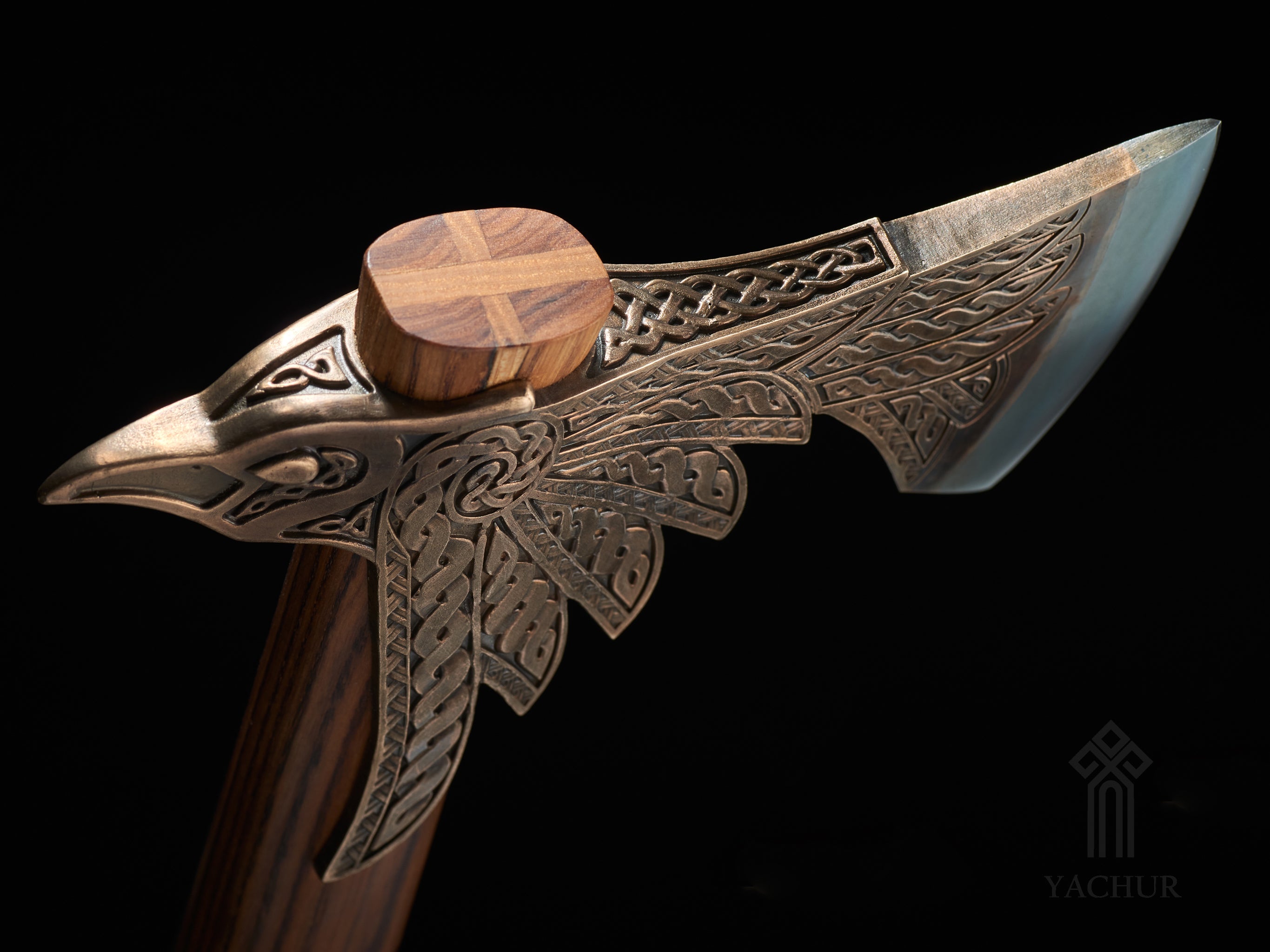 Premium collectible Norse axe featuring bimetallic bronze and steel construction