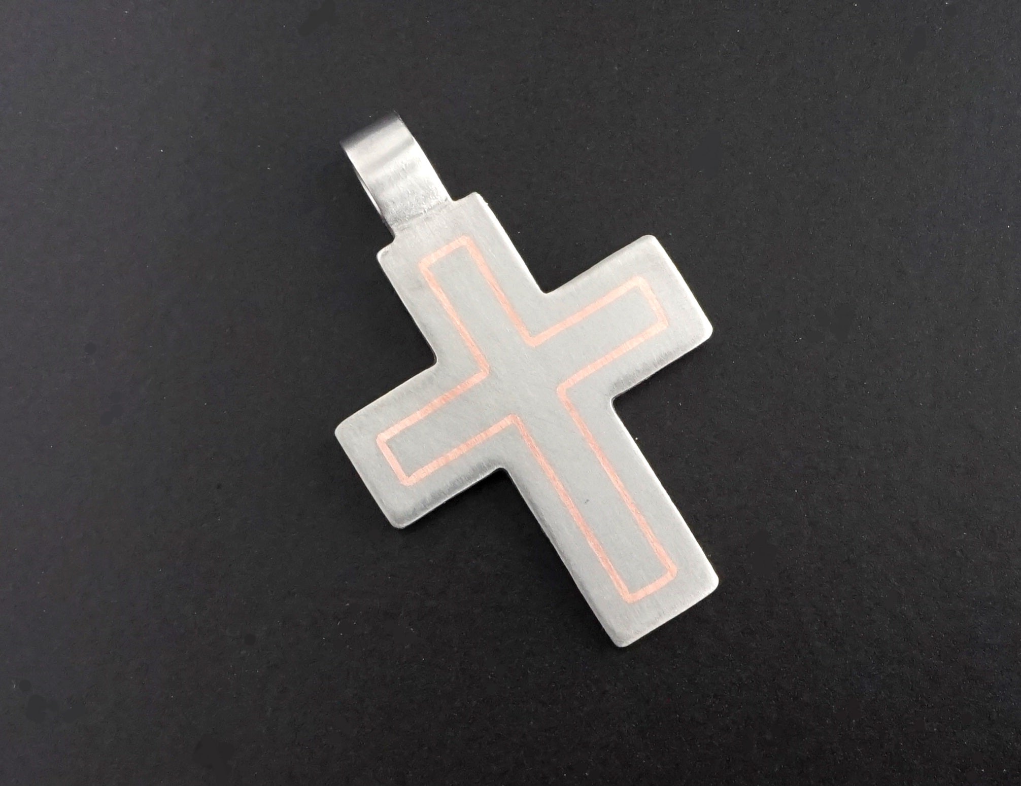 Modern titanium cross pendant with custom metal inlay options. Minimalist cross necklace