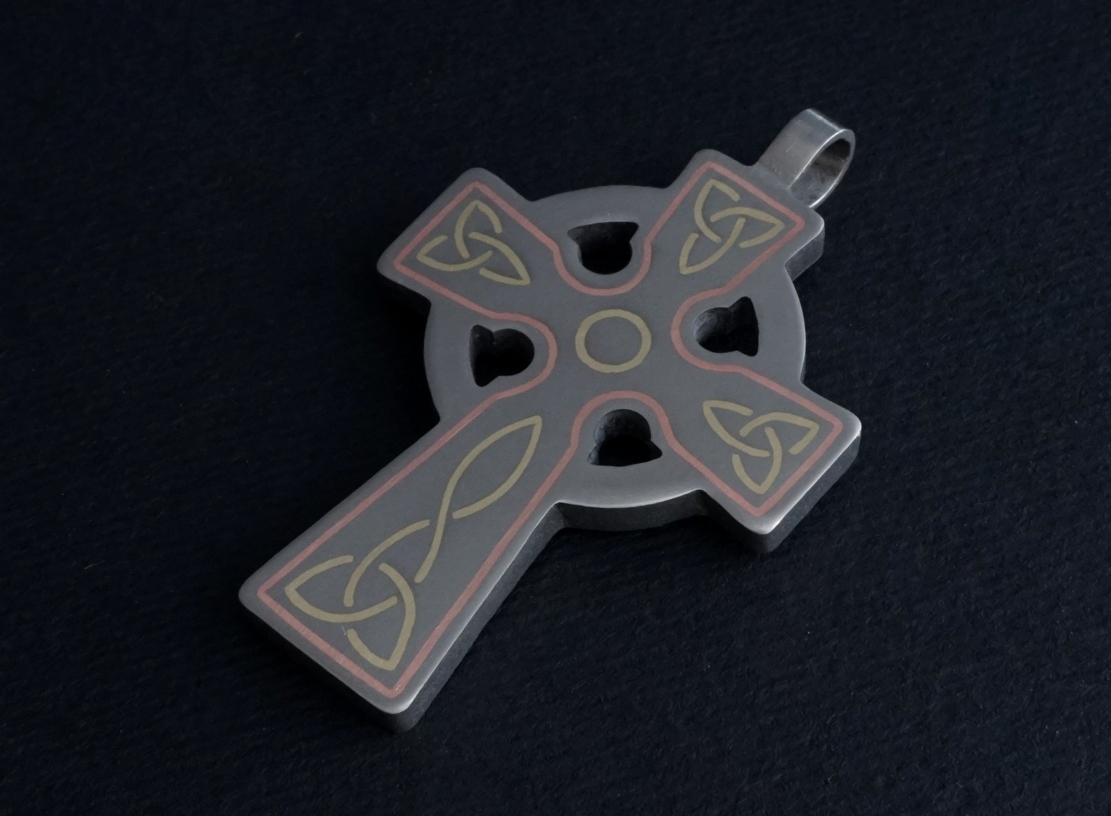 Titanium Celtic cross with metal inlay. Cross pendant for men. Unique gifts. Inlaid arts crafts