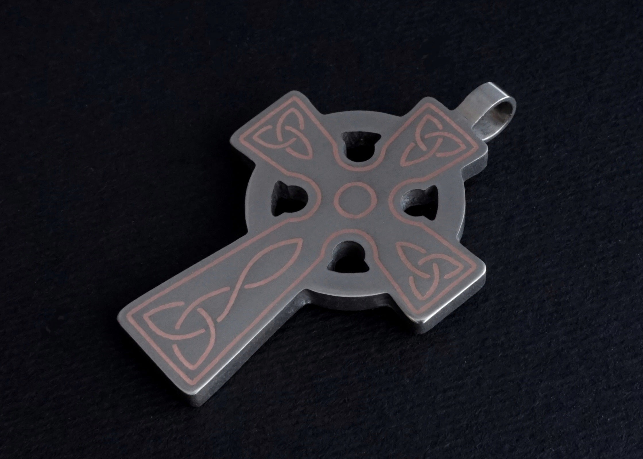 Titanium Celtic cross with metal inlay. Cross pendant for men. Unique gifts. Inlaid arts crafts