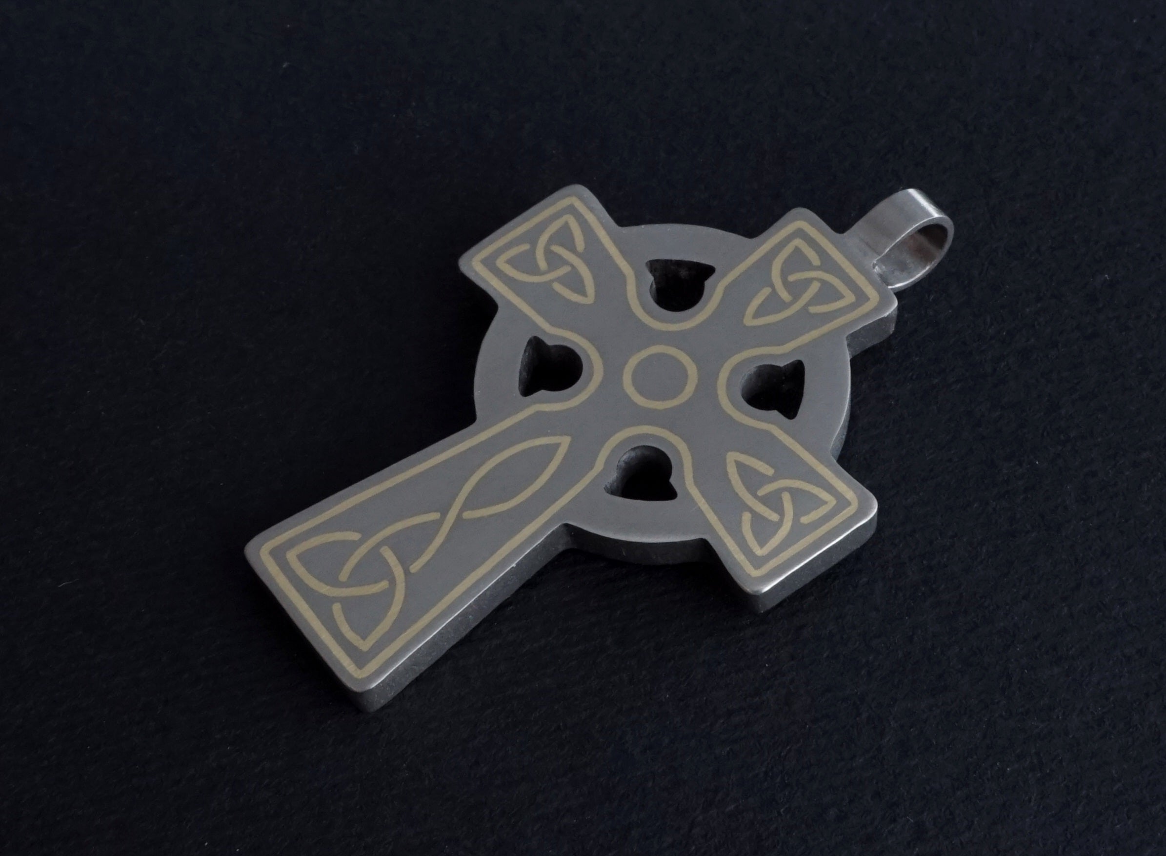 Titanium Celtic cross with metal inlay. Cross pendant for men. Unique gifts. Inlaid arts crafts