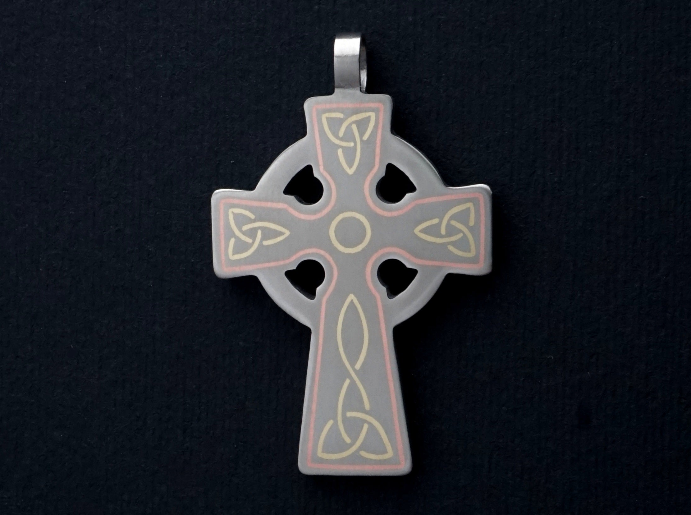 Titanium Celtic cross with metal inlay. Cross pendant for men. Unique gifts. Inlaid arts crafts