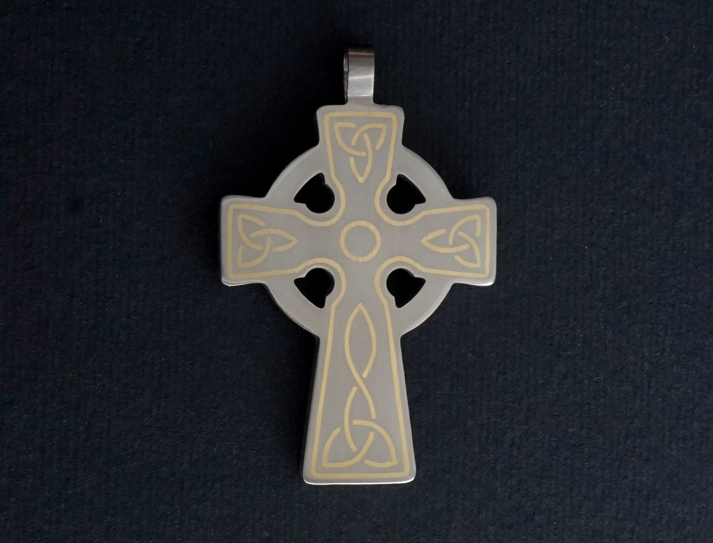 Titanium Celtic cross with metal inlay. Cross pendant for men. Unique gifts. Inlaid arts crafts