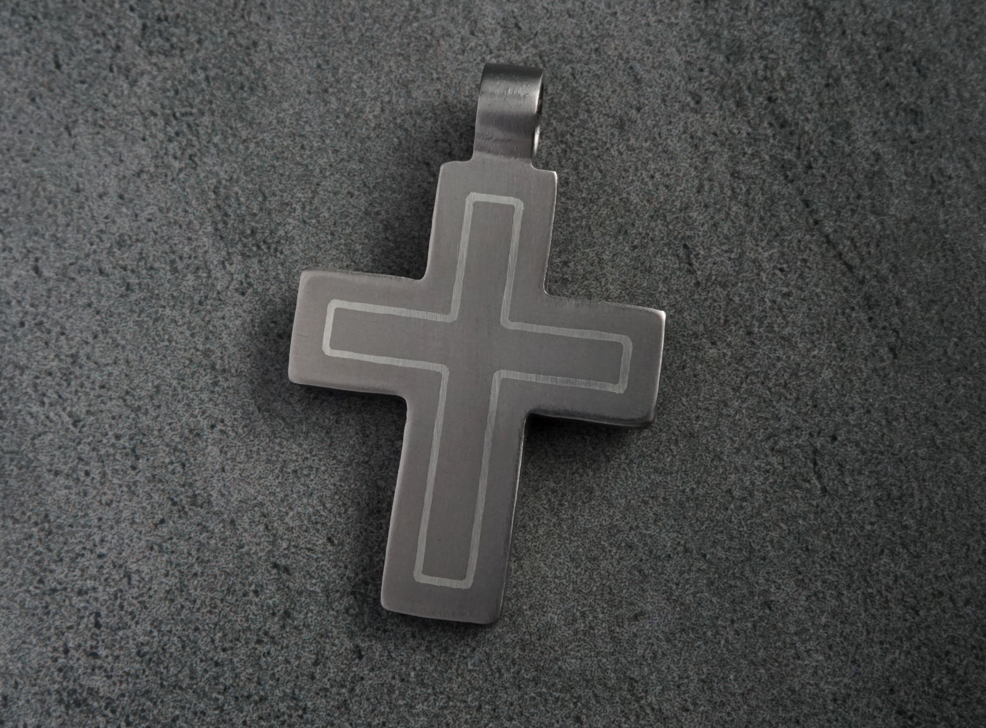Modern titanium cross pendant with custom metal inlay options. Minimalist cross necklace