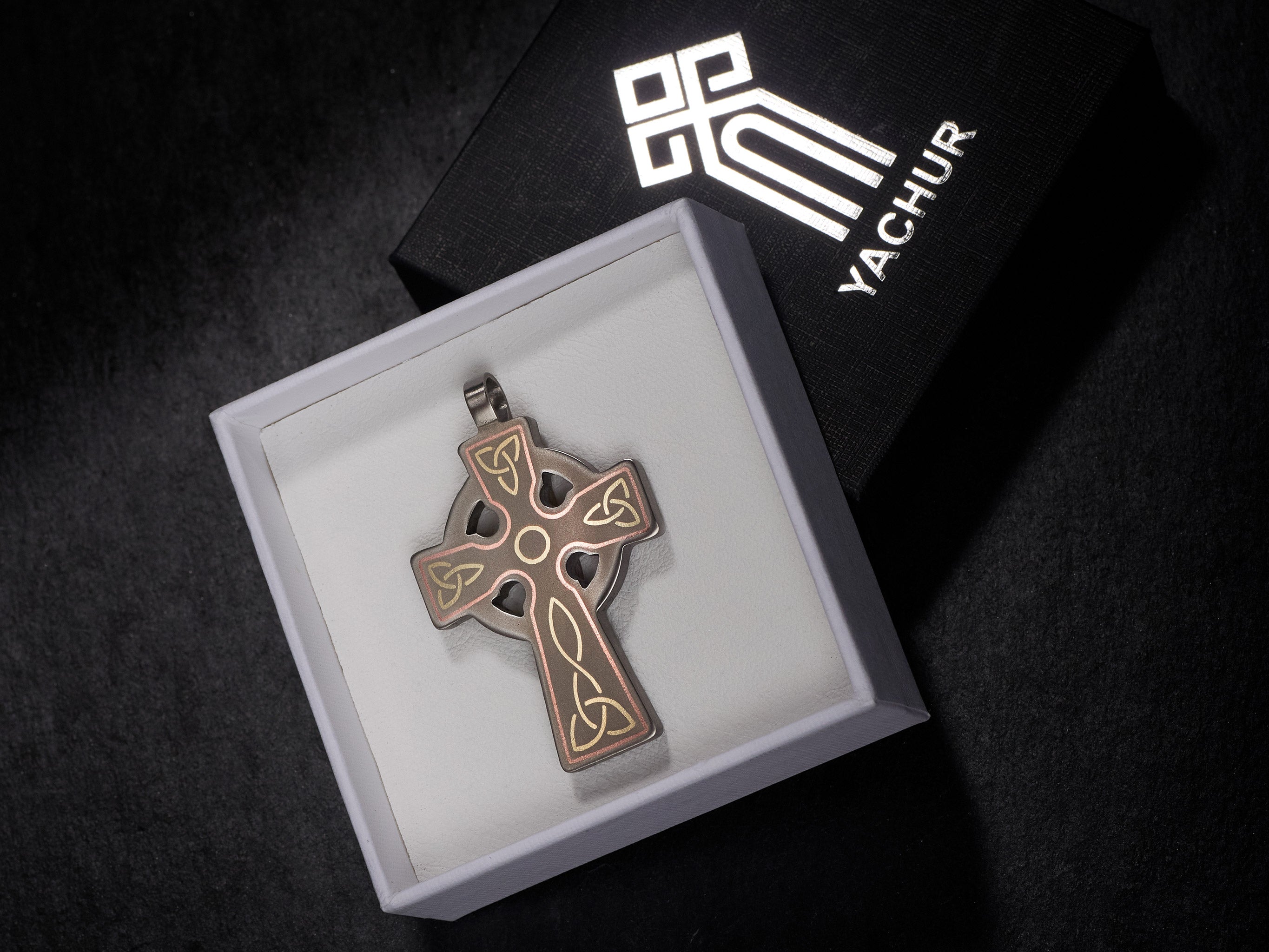 Titanium Celtic cross with brass and copper inlay. Cross pendant for men. Unique gifts. Inlaid arts crafts