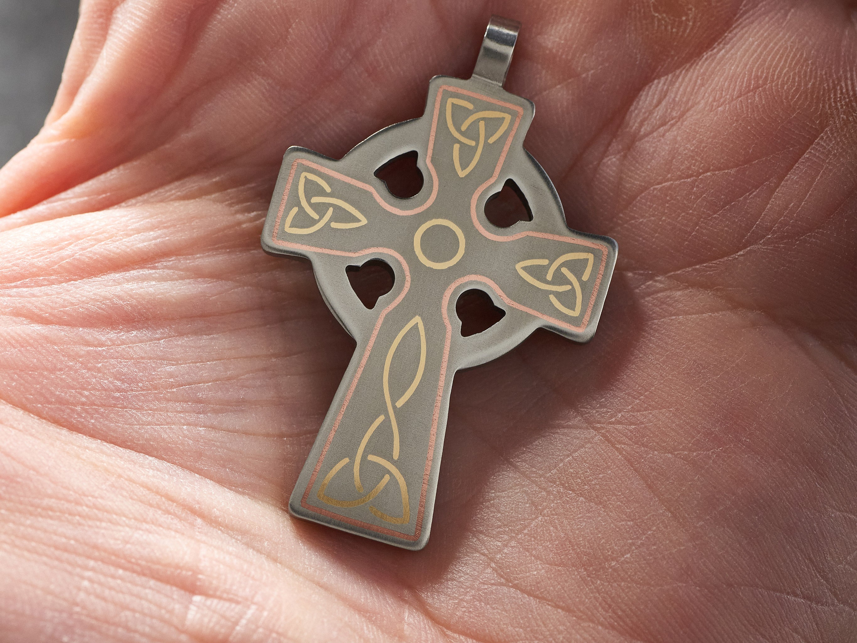 Titanium Celtic cross with brass and copper inlay. Cross pendant for men. Unique gifts. Inlaid arts crafts
