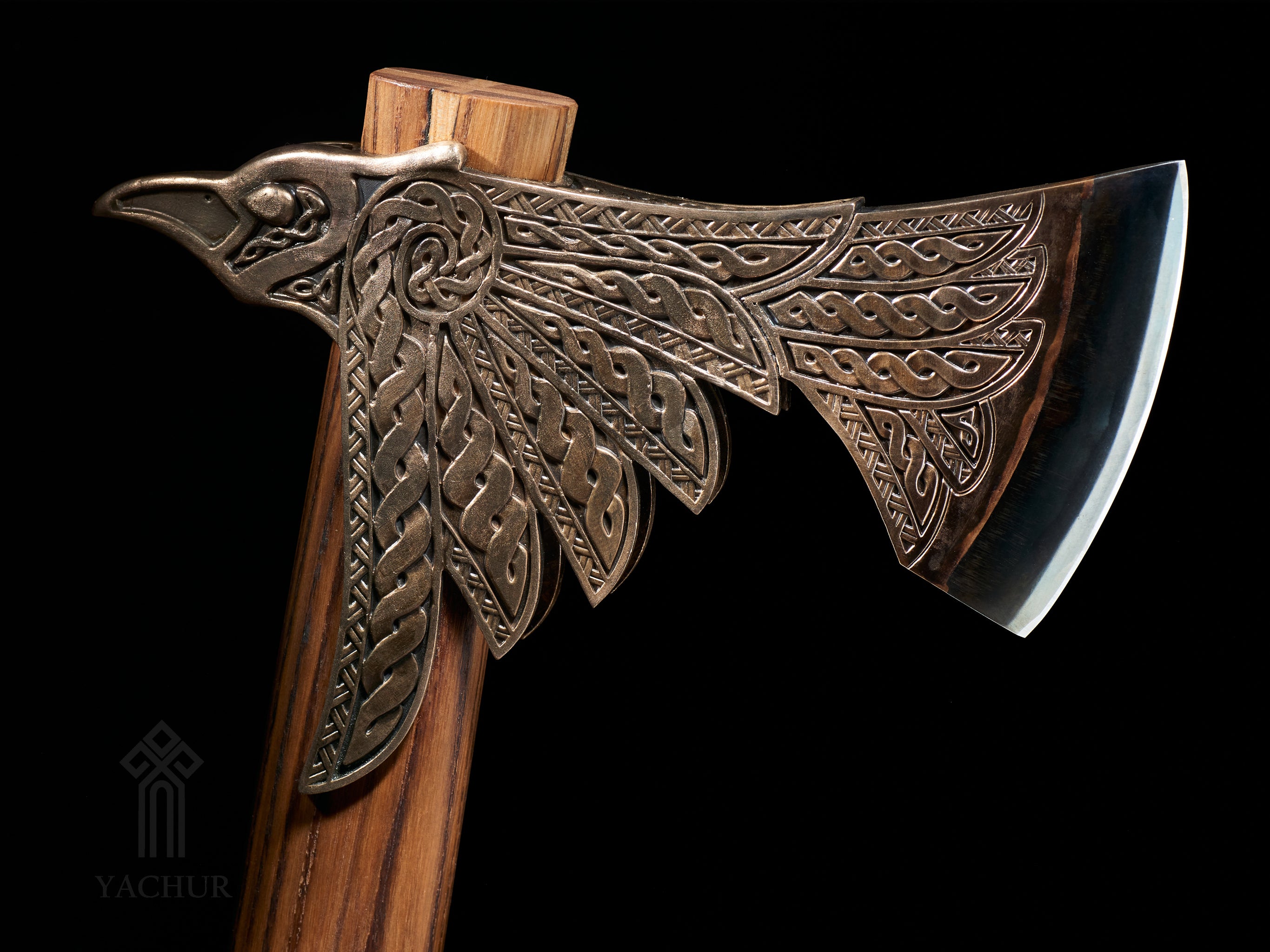 Handcrafted bimetallic Raven Viking axe inspired by Odin’s ravens with beryllium bronze and ash wood handle