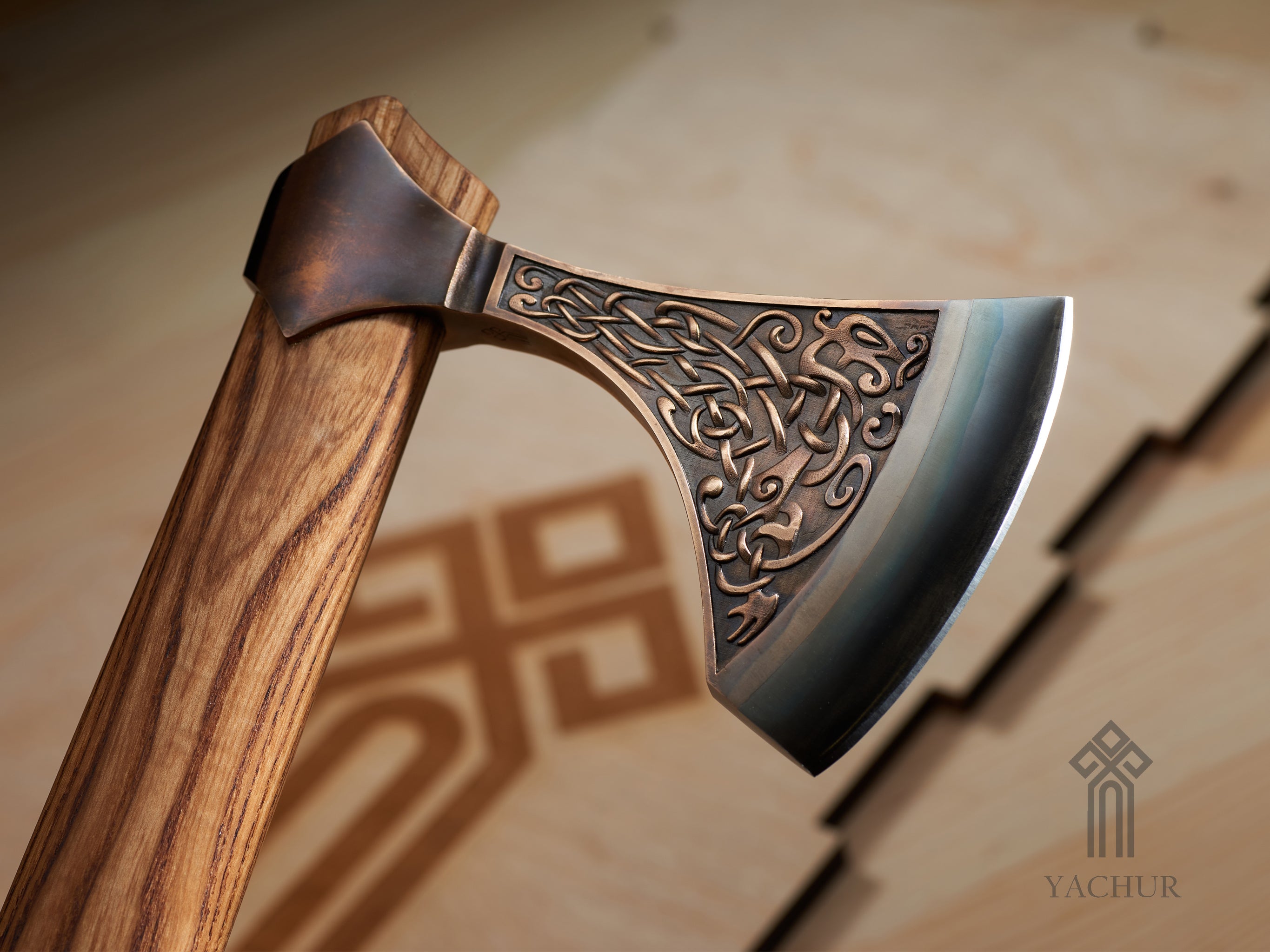 Texture and craftsmanship details of beryllium bronze Urnes style axe