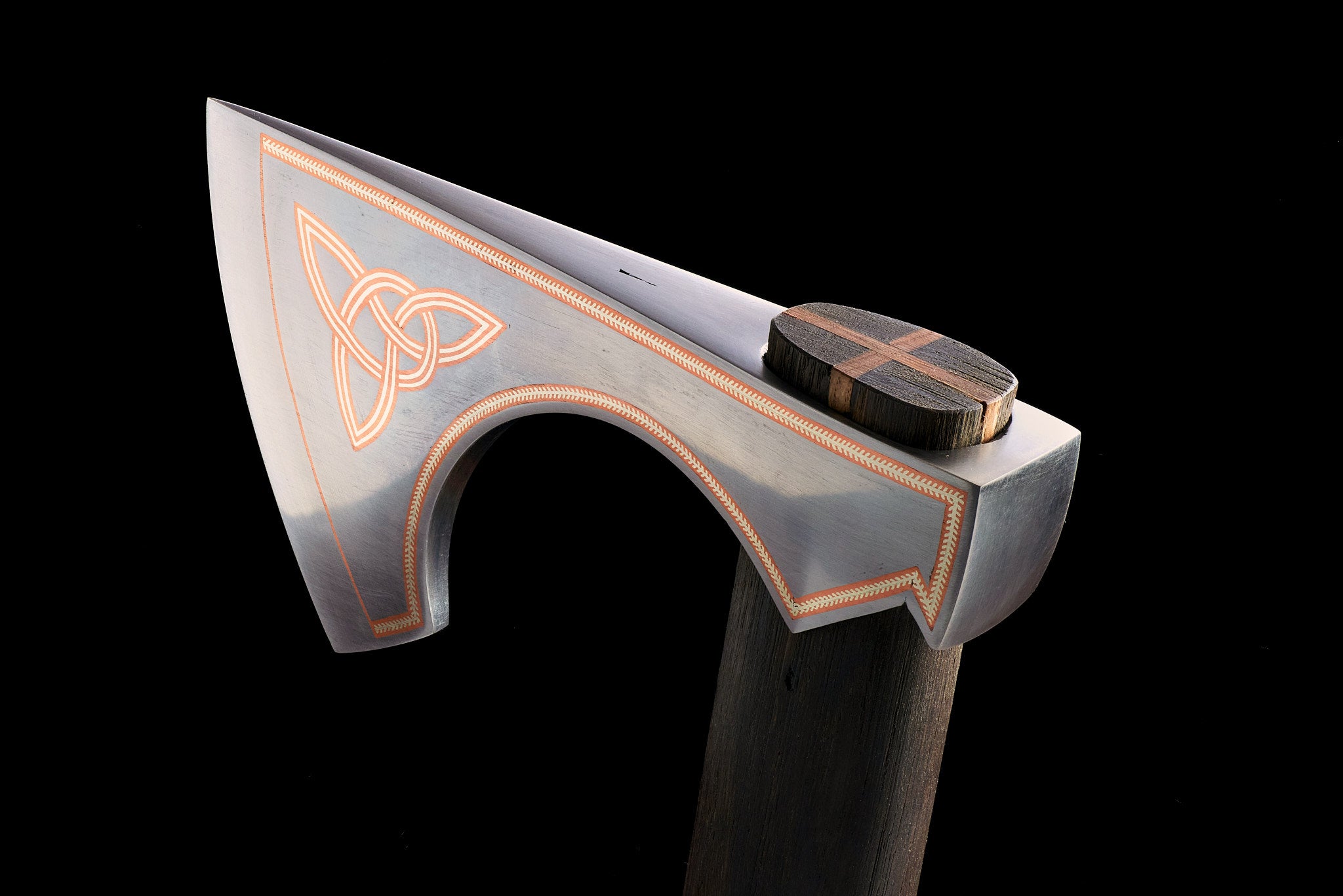 Rear view of unique Celtic-inspired collectible axe sculpture