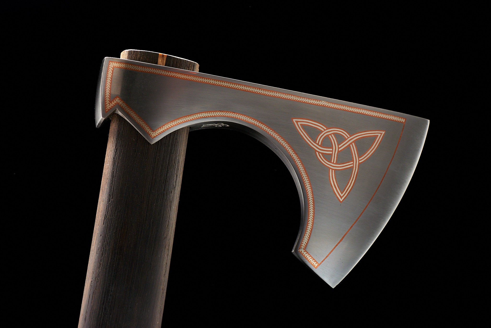 Unique Celtic Triquetra collectible axe metal art sculpture, hero view