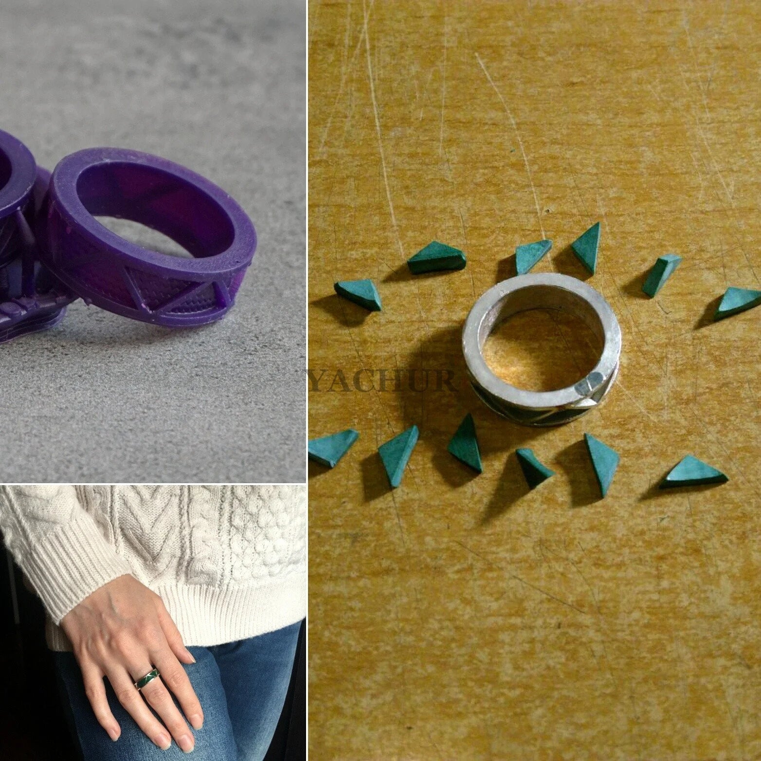 Collage of purple 3D-printed ring, malachite geometric pieces, and a person wearing a ring.