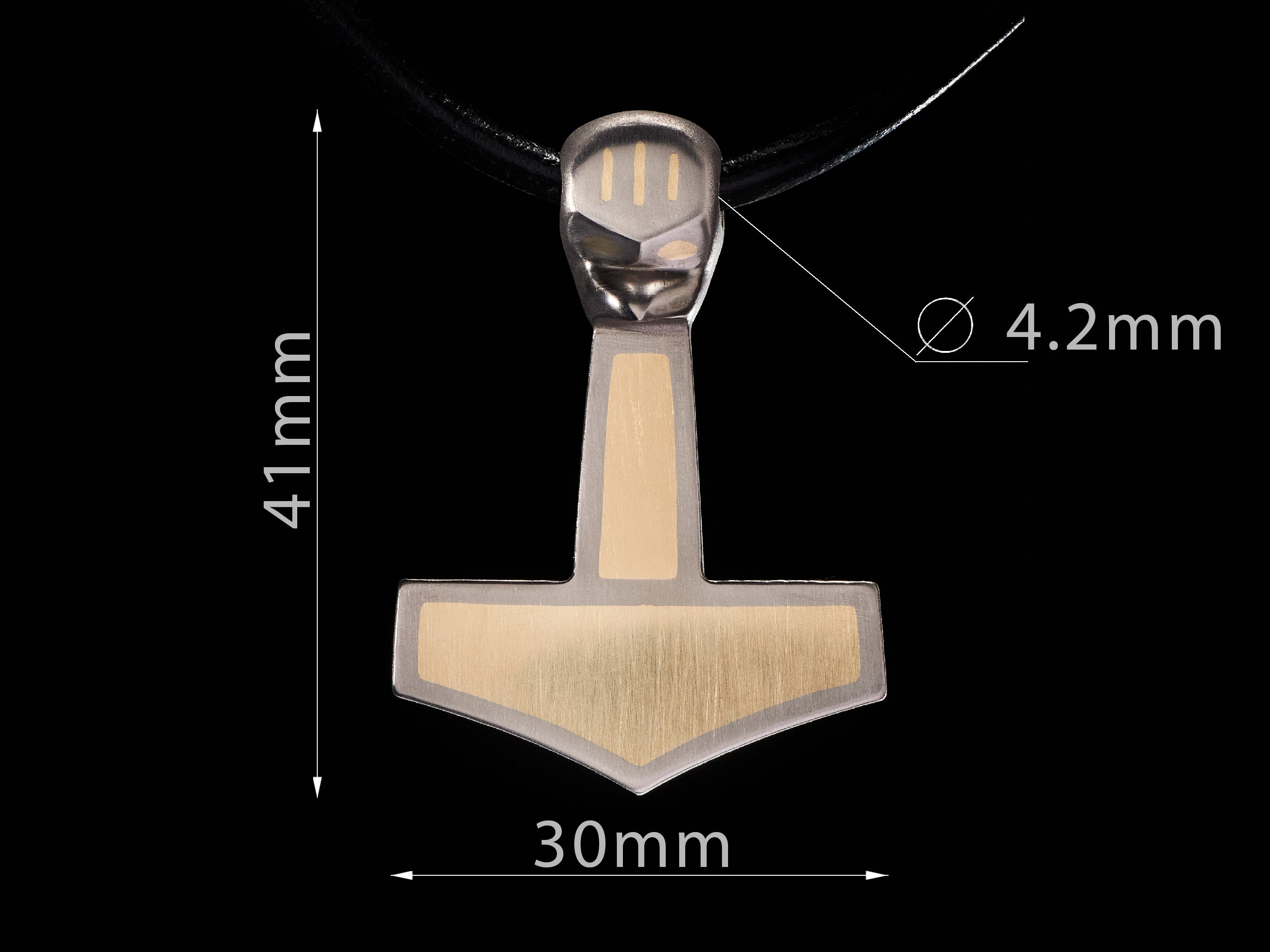 Titanium Mjolnir Thor’s Hammer Pendant, with measurements on a black background. Handmade by Yachur