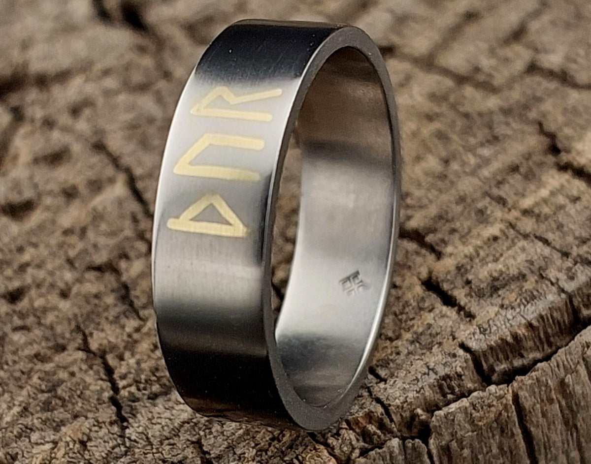 Handmade Grade 2 titanium ring with Younger Futhark Thor rune inlay in 925 silver, satin brushed Viking style band, 6 mm wide.