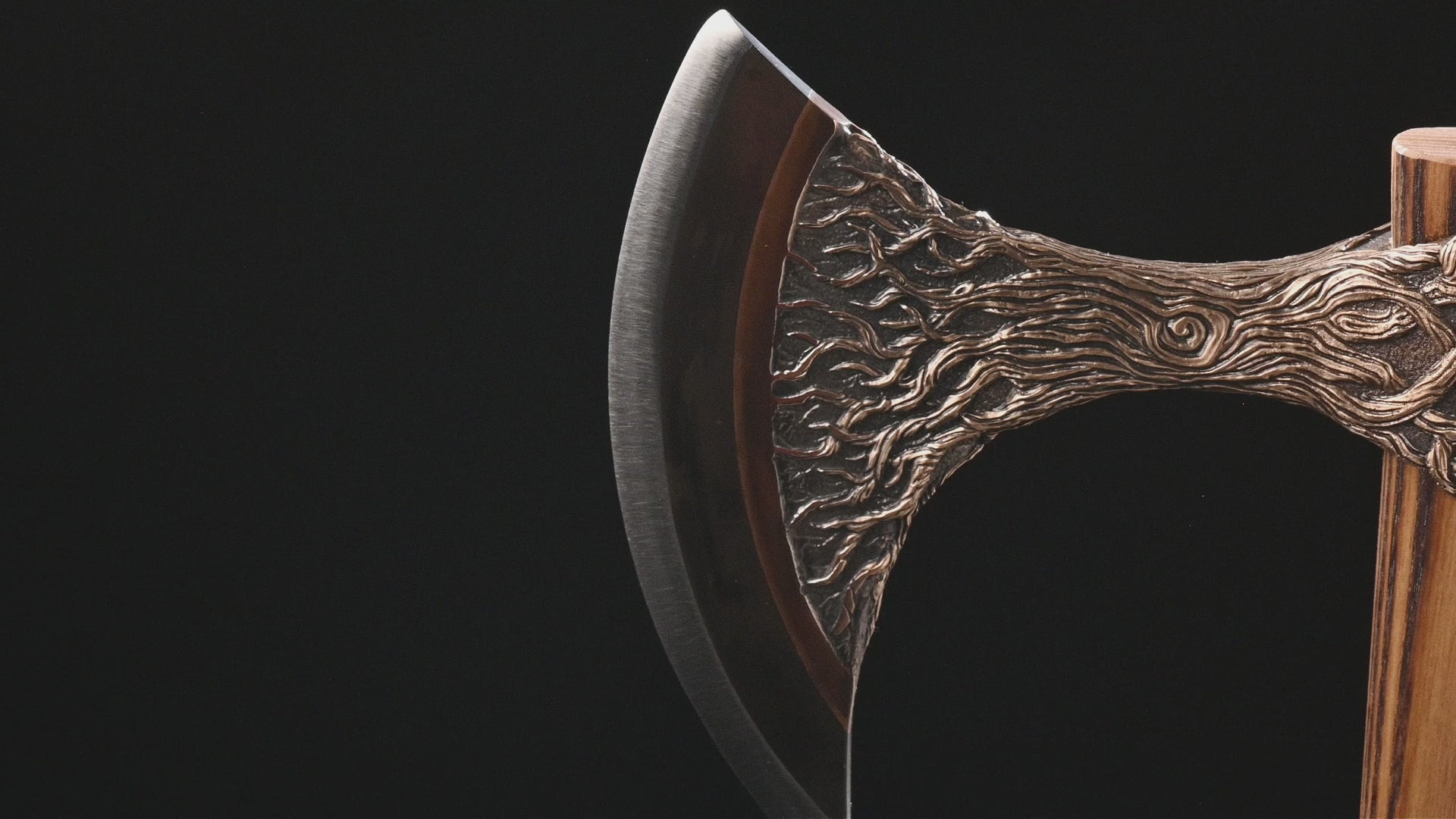 Handcrafted Yggdrasil Viking axe made from beryllium bronze, tool steel, and ash wood by Yachur