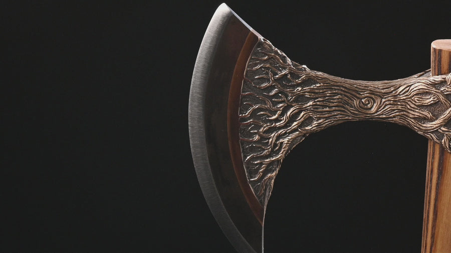 Handcrafted Yggdrasil Viking axe made from beryllium bronze, tool steel, and ash wood by Yachur