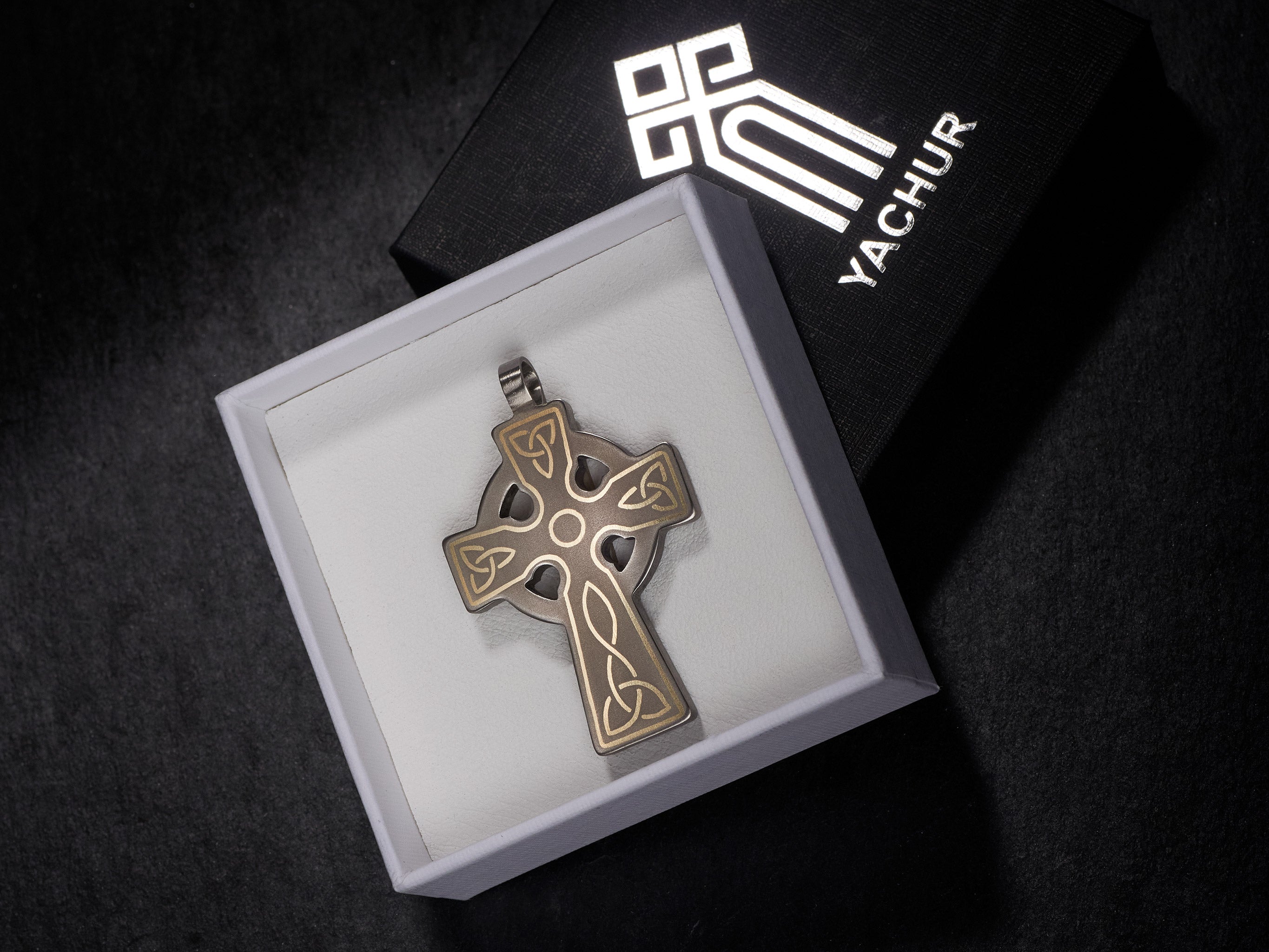 handmade titanium celtic cross pendant brass inlay in gift box