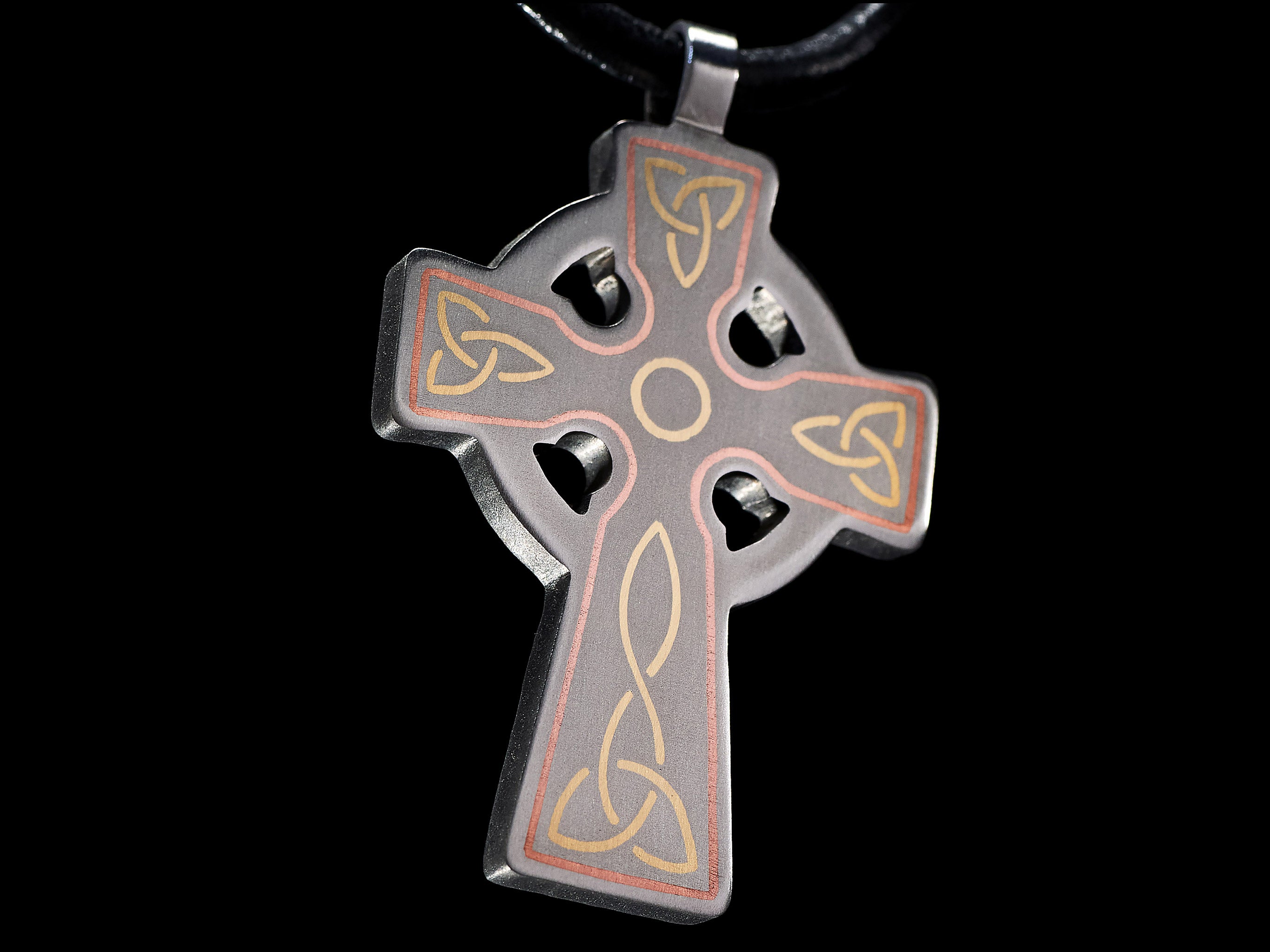 handmade titanium celtic cross pendant with copper and brass inlay