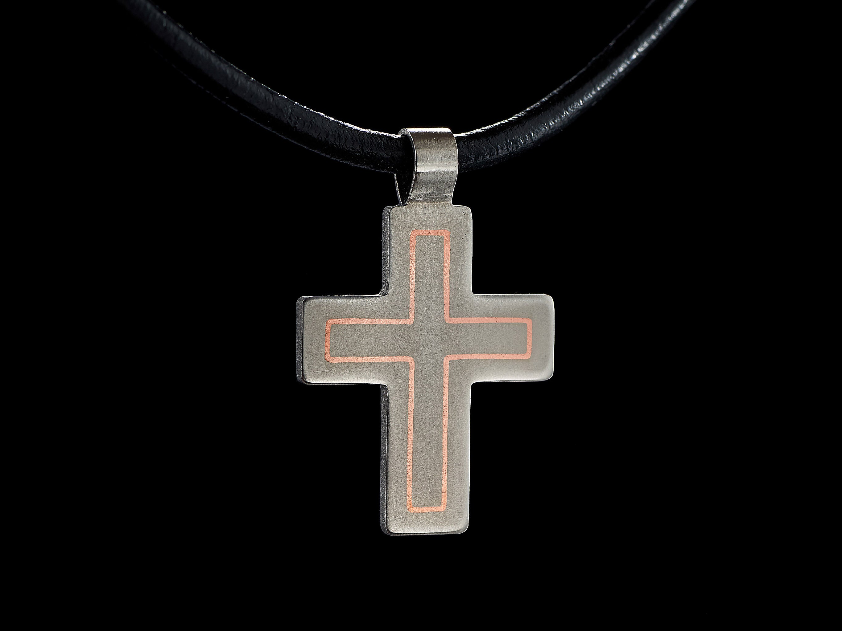 titanium cross pendant with copper inlay contemporary handcrafted design Yachur