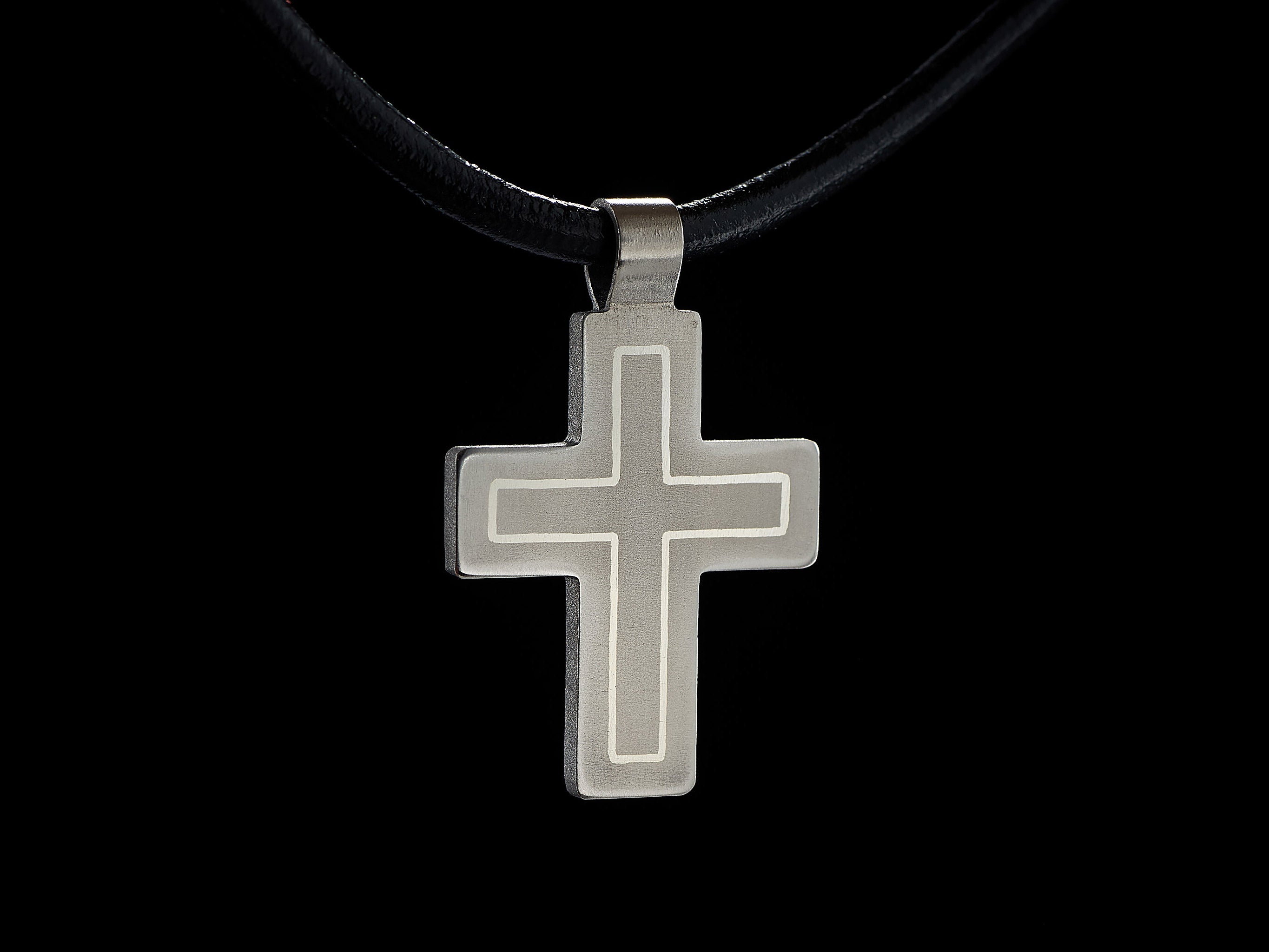 titanium cross pendant with silver inlay minimalist handmade jewelry Yachur