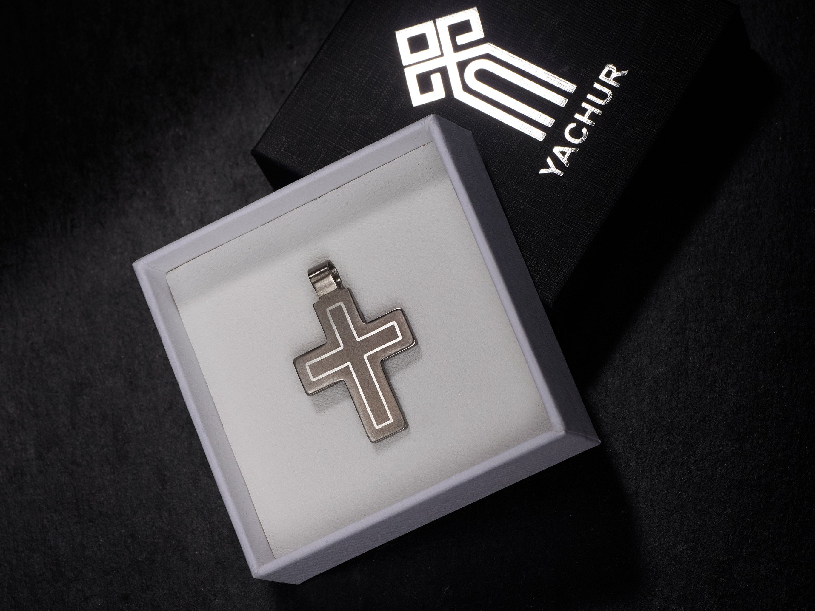 titanium cross pendant with silver inlay in gift box handmade jewelry