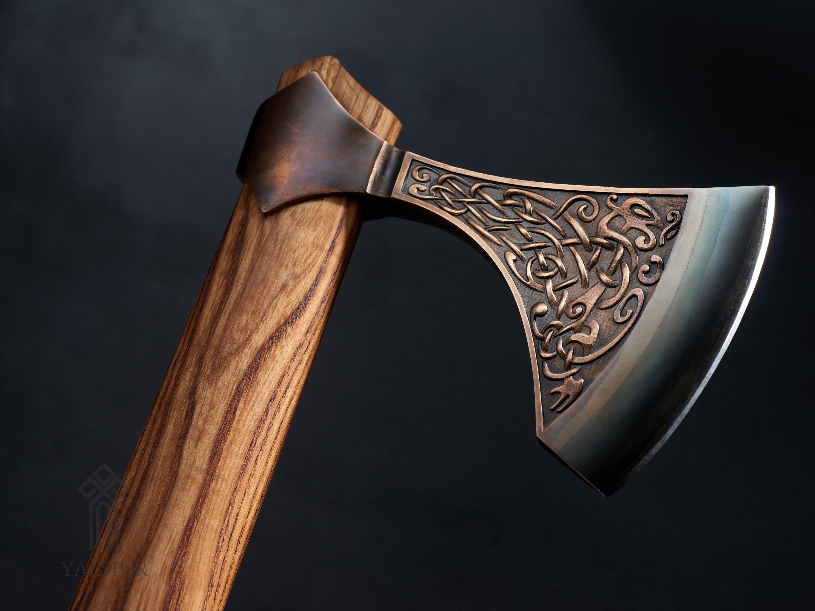 Handcrafted Urnes style Viking collectible axe with beryllium bronze and ash wood handle