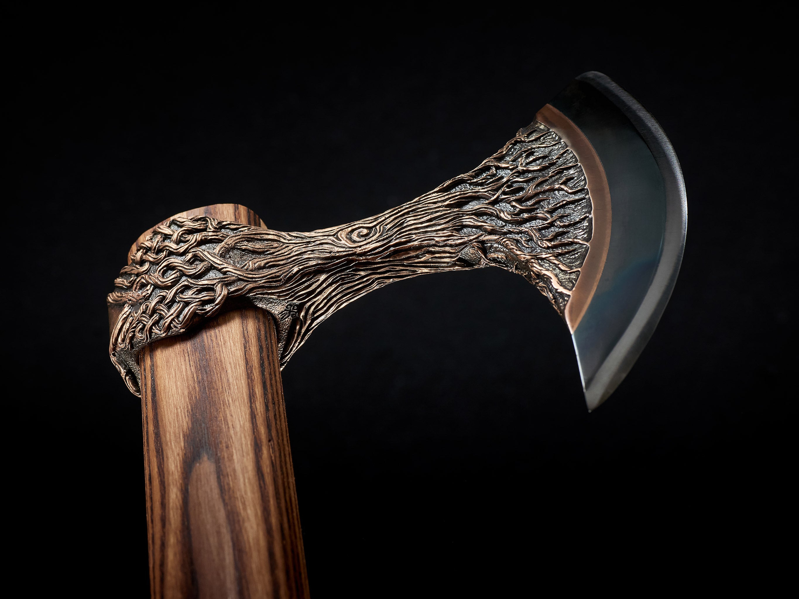 Bottom view of handmade Norse inspired axe handle and head