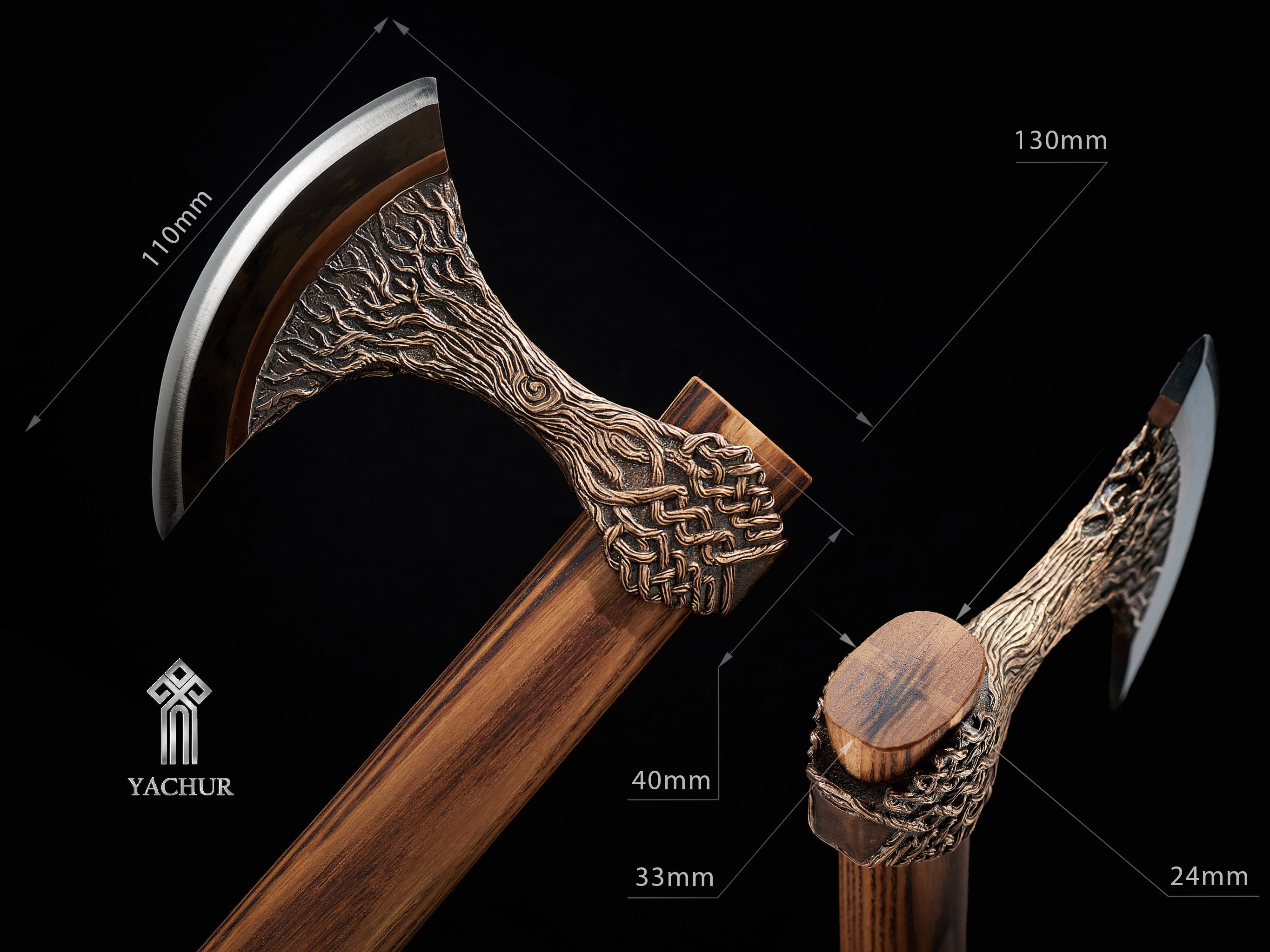 Yggdrasil Viking axe with dimensions and size reference