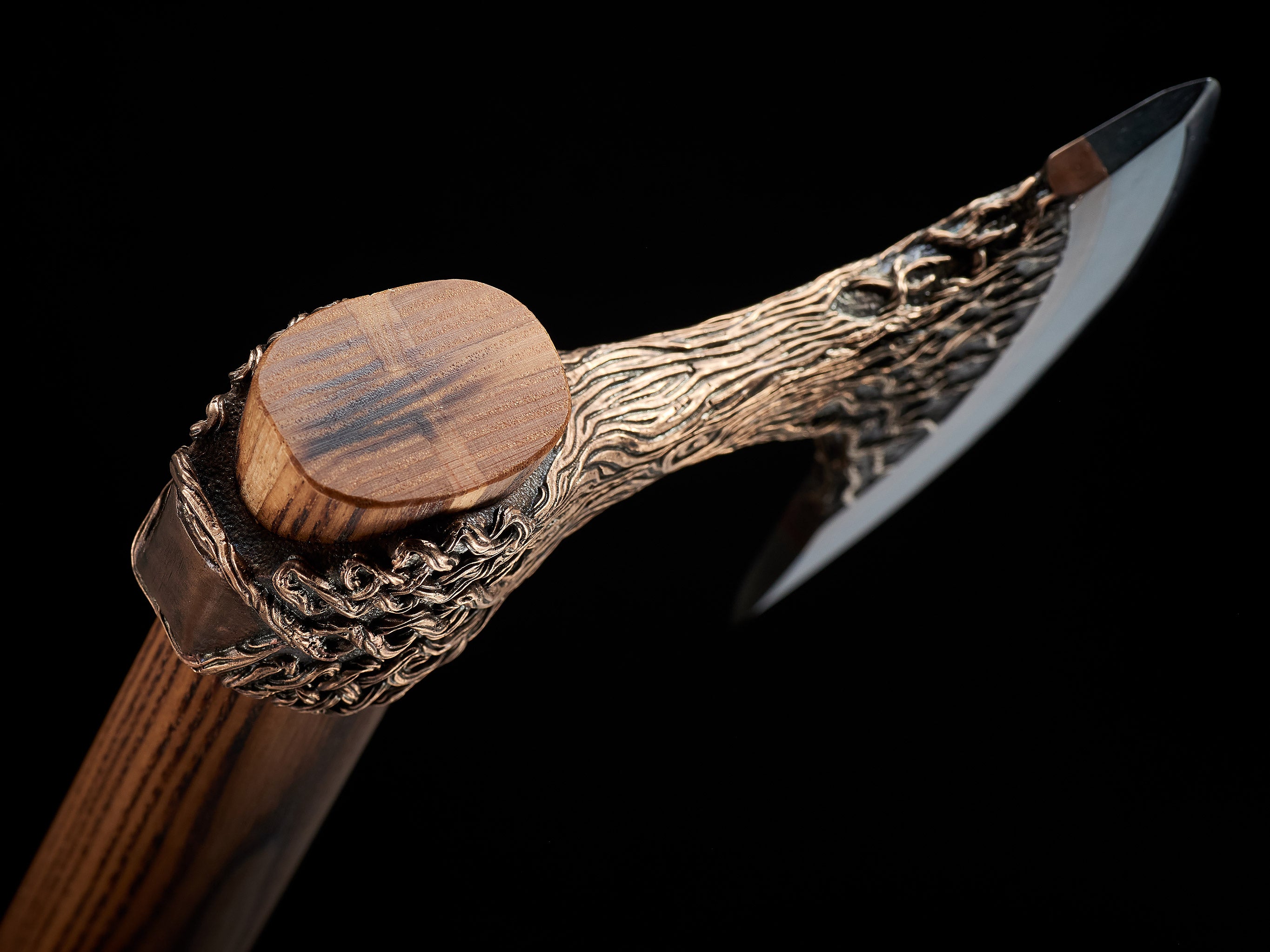 Top view of handcrafted bronze and steel Viking axe