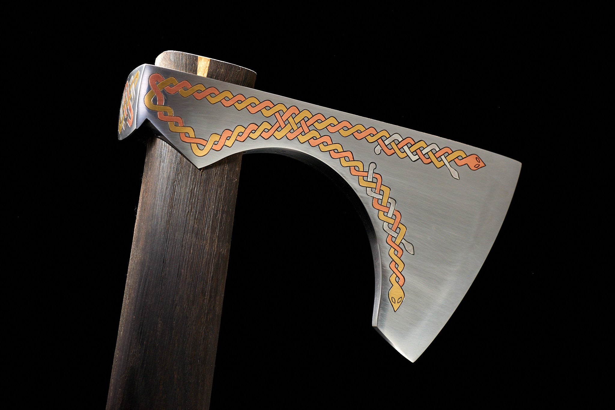 Unique Viking and Celtic collectible axe metal art sculpture, hero view