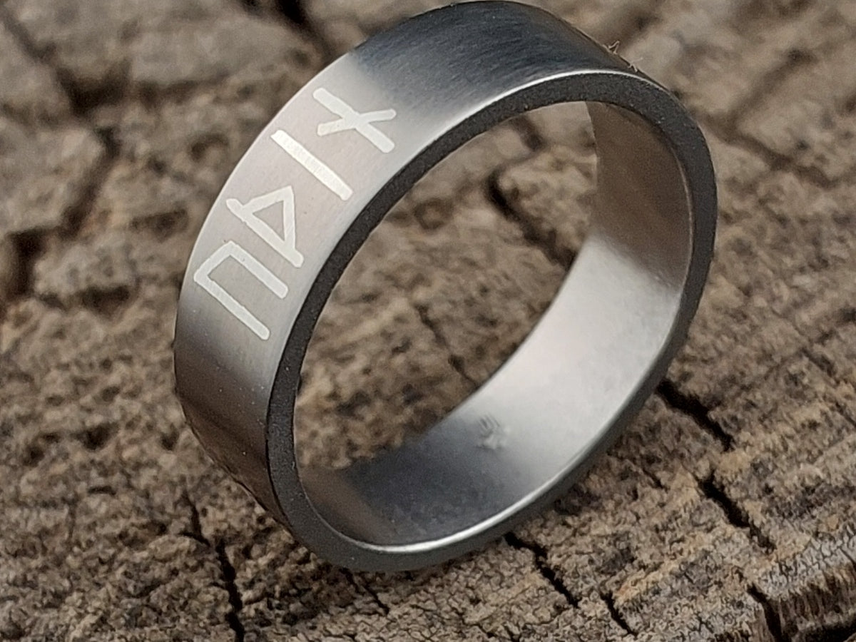 Handmade Grade 2 titanium ring with Younger Futhark Odin rune inlay in 925 silver, satin brushed Viking style band, 6 mm wide