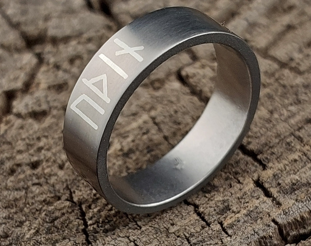 Handmade Grade 2 titanium ring with Younger Futhark Odin rune inlay in 925 silver, satin brushed Viking style band, 6 mm wide