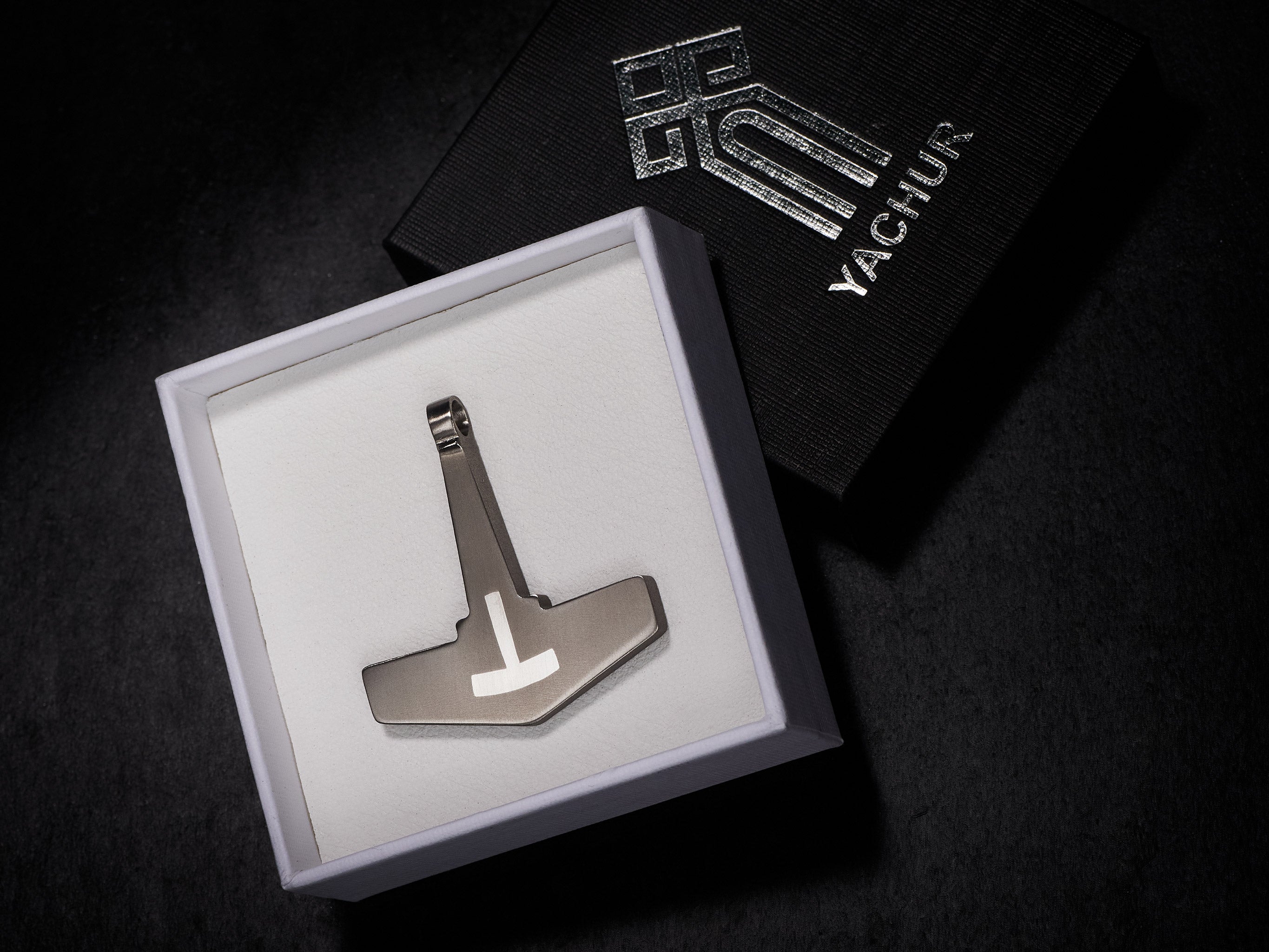 Yachur Titanium Mjolnir Pendant – Silver Inlay Thor’s Hammer Necklace – Viking Norse Jewelry