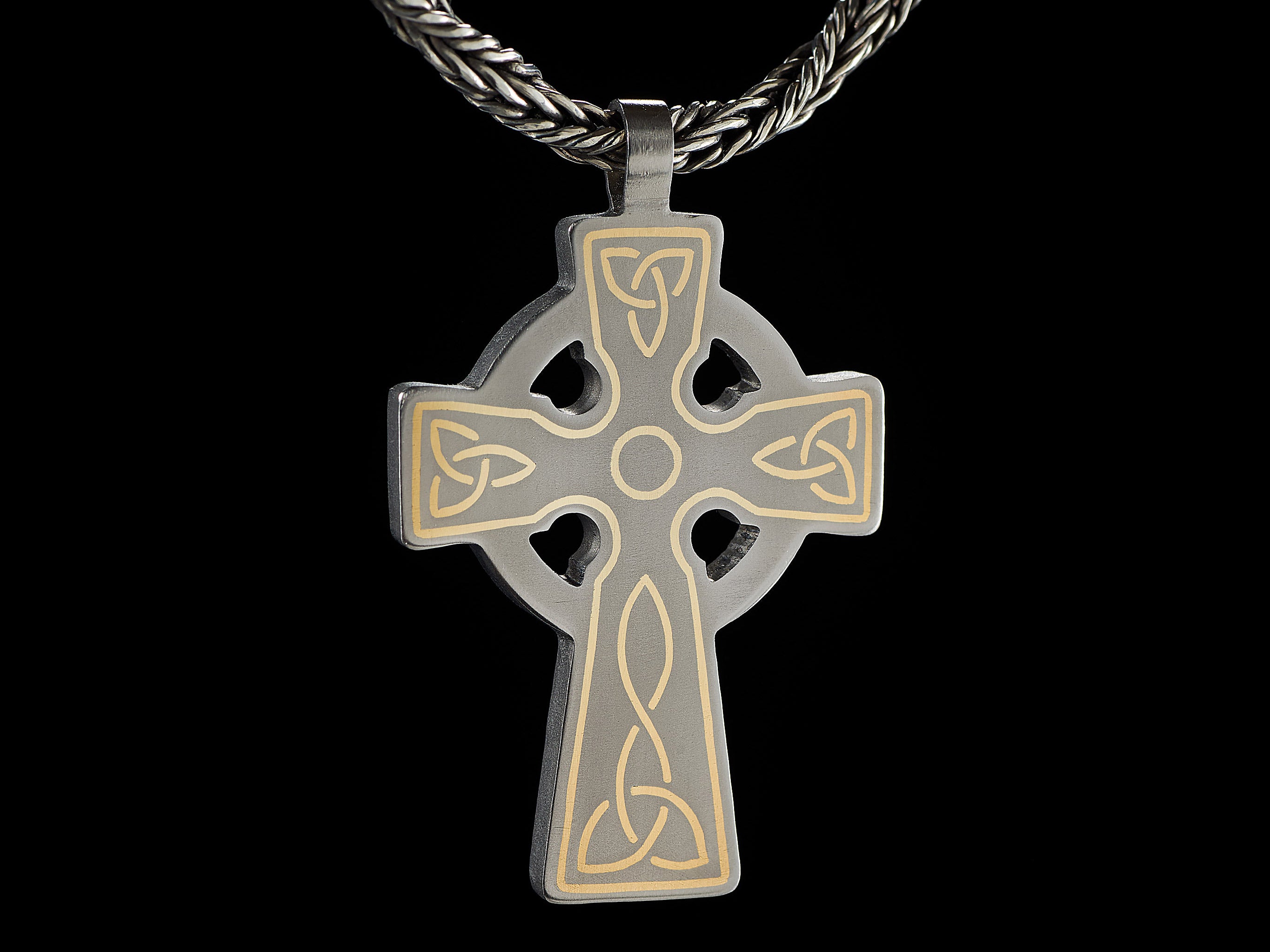 titanium celtic cross pendant brass inlay handmade by Yachur